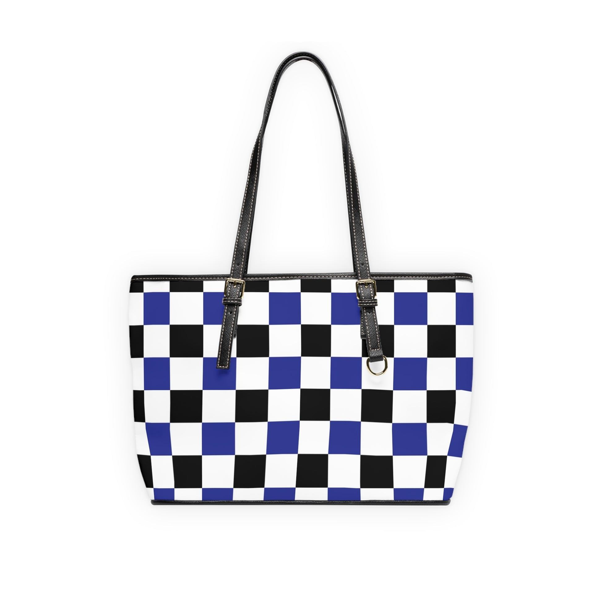 Checkerboard Blue White and Black PU Leather Shoulder Bag, Artsulli - Art is Long, Life is Short, Bags, Size, 16" x 10", Color, Black, , , 26574732721493919199