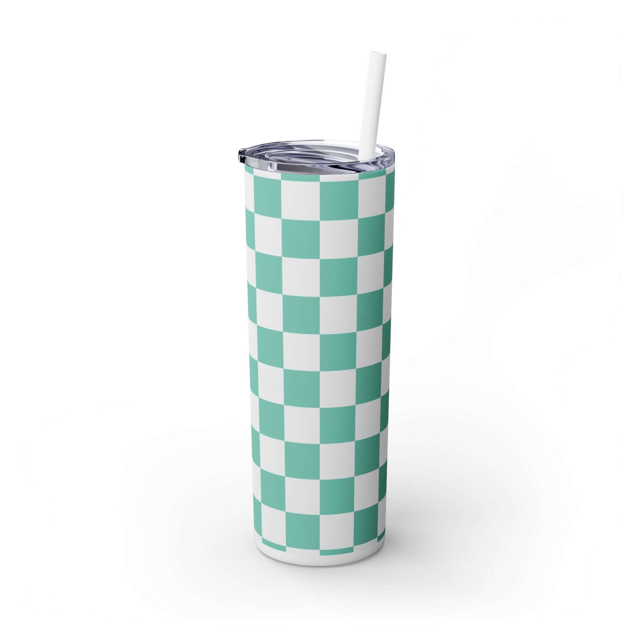 Checkerboard Light Green Skinny Tumbler with Straw, 20oz, Artsulli - Art is Long, Life is Short, Mug, , , , , , , 
