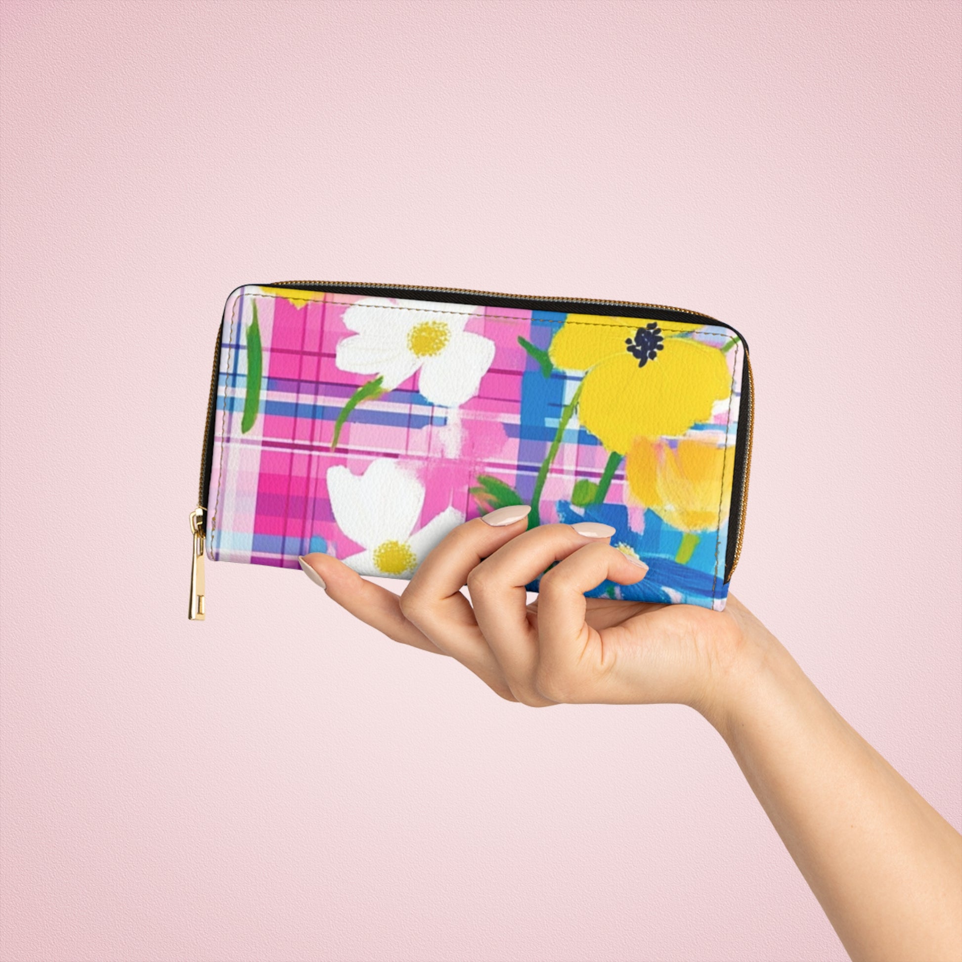 Plaid Garden Pink and Purple Zipper Wallet, Artsulli - Art is Long, Life is Short, Accessories, , , , , , , 