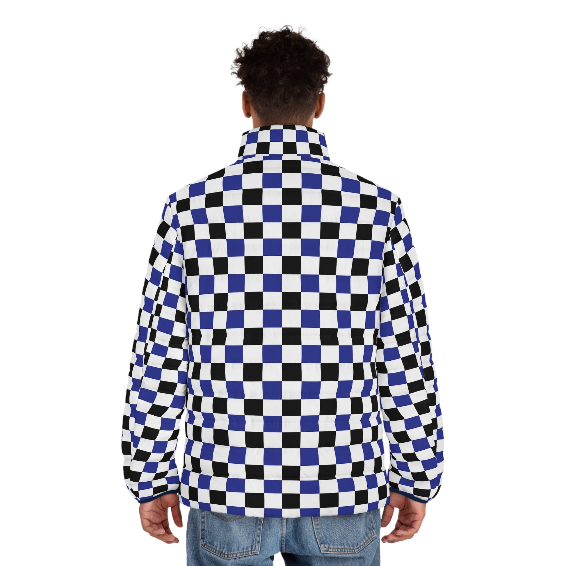 Checkerboard Blue White and Black Men's Puffer Jacket (AOP), Artsulli - Art is Long, Life is Short, All Over Prints, , , , , , , 