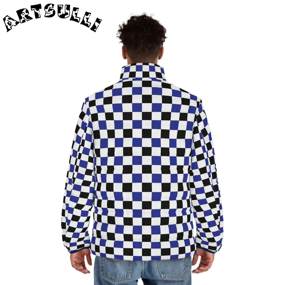 JAKKOUTTHEBXX Checkerboard Blue White and Black Men’s Puffer Jacket