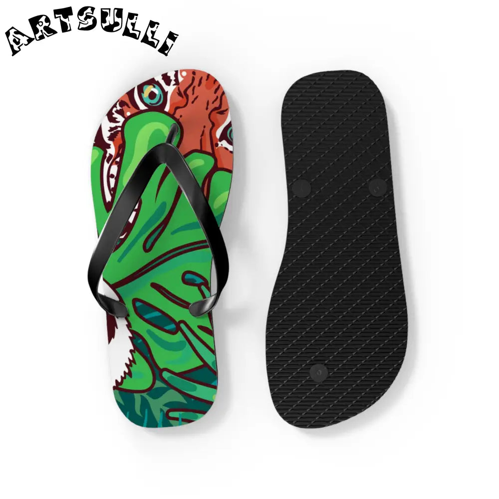 JAKKOUTTHEBXX Tropical Jungle Tigers Blue and Green Flip Flops