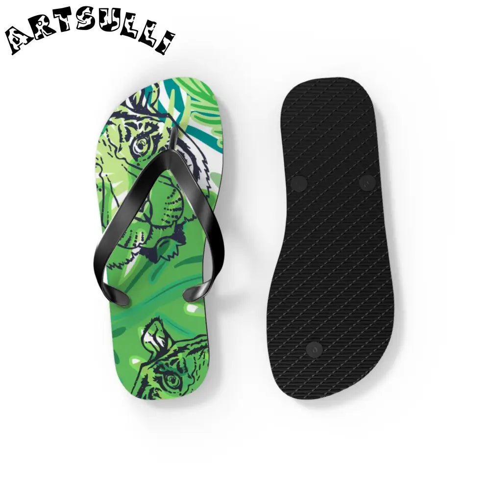 JAKKOUTTHEBXX Tropical Jungle Tigers Green Flip Flops JAKKOUTTHEBXX
