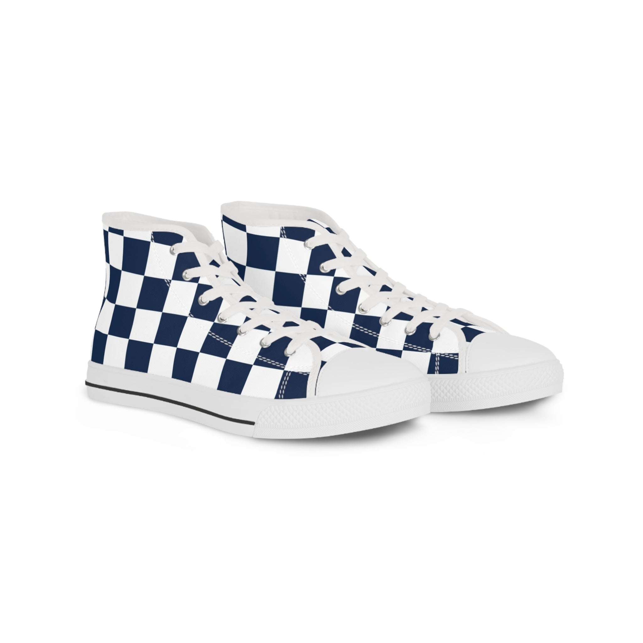 Checkerboard White and Navy Blue Men's High Top Sneakers, Artsulli - Art is Long, Life is Short, Shoes, Size, US 5, Color, White sole, , , 15278061380360107039