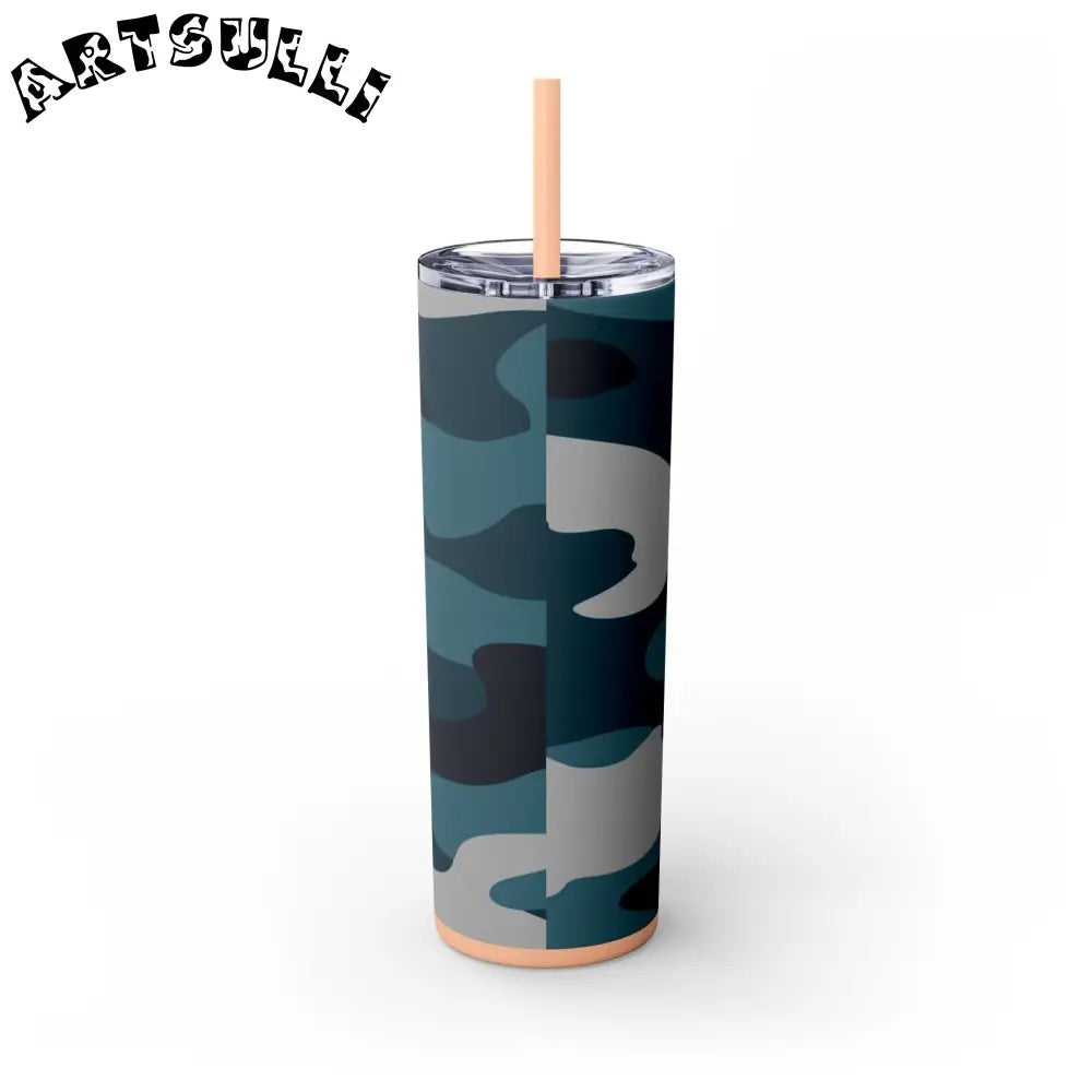 JAKKOUTTHEBXX Blue Camouflage Skinny Tumbler with Straw 20oz