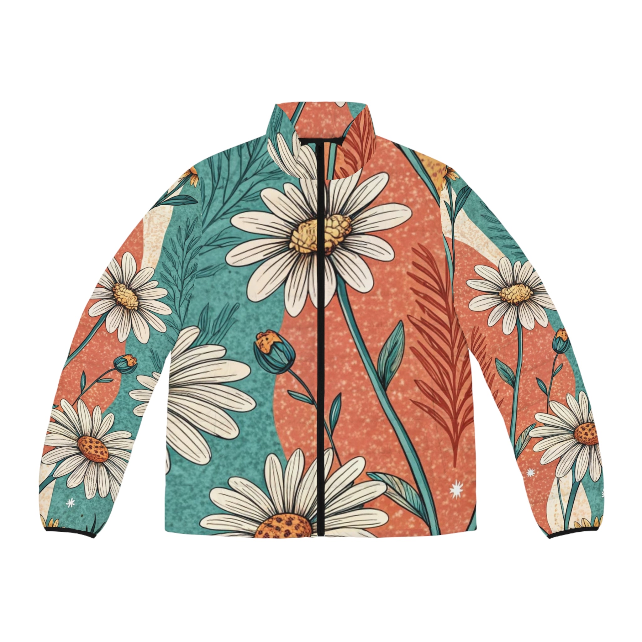 Retro Daisy Dream Men's Puffer Jacket (AOP), Artsulli - Art is Long, Life is Short, All Over Prints, Size, S, Color, Black zipper, , , 30821680186403938042