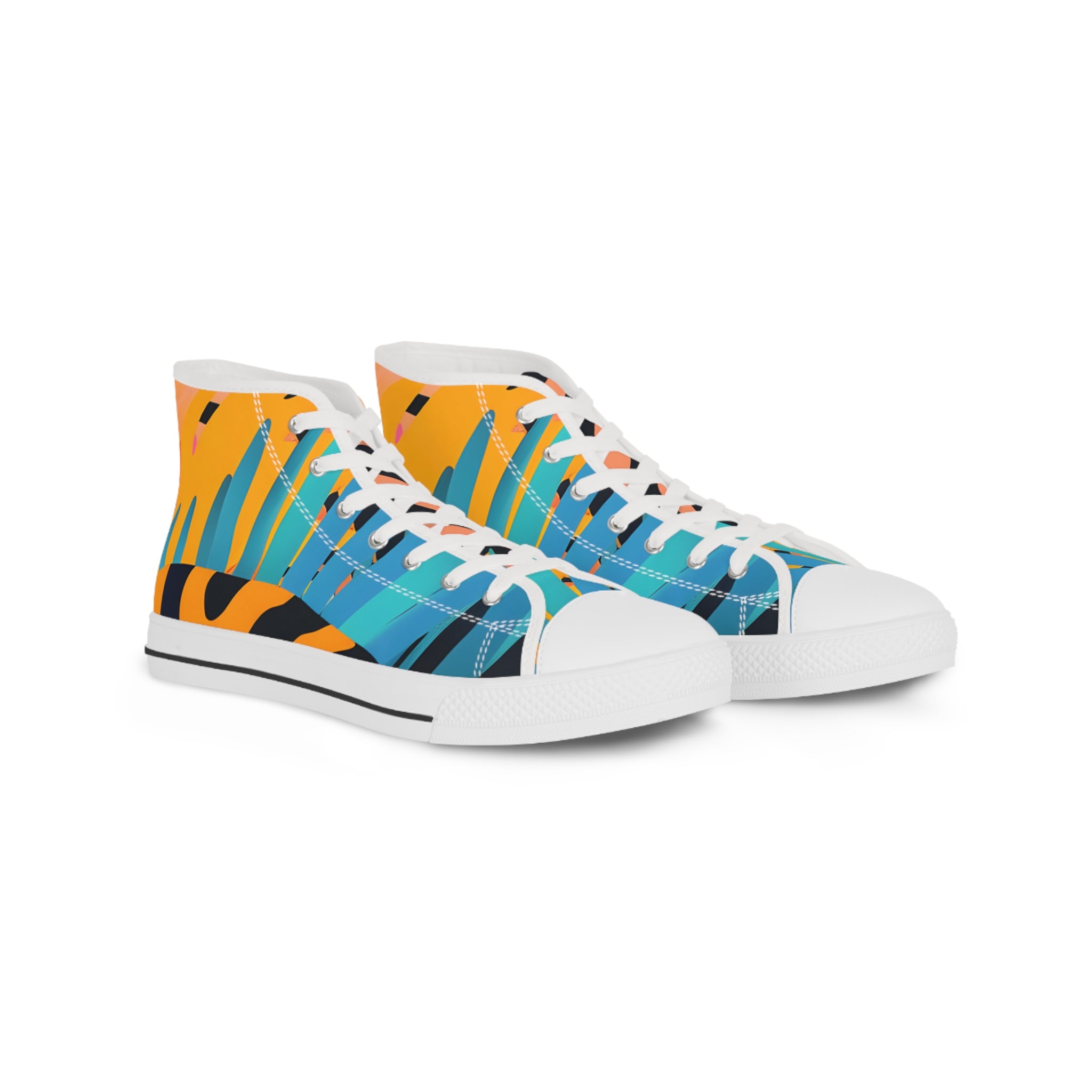 Palm Leaves x Tiger Stripes Orange and Blue Men's High Top Sneakers, Artsulli - Art is Long, Life is Short, Shoes, Size, US 5, Color, White sole, , , 89497556957376