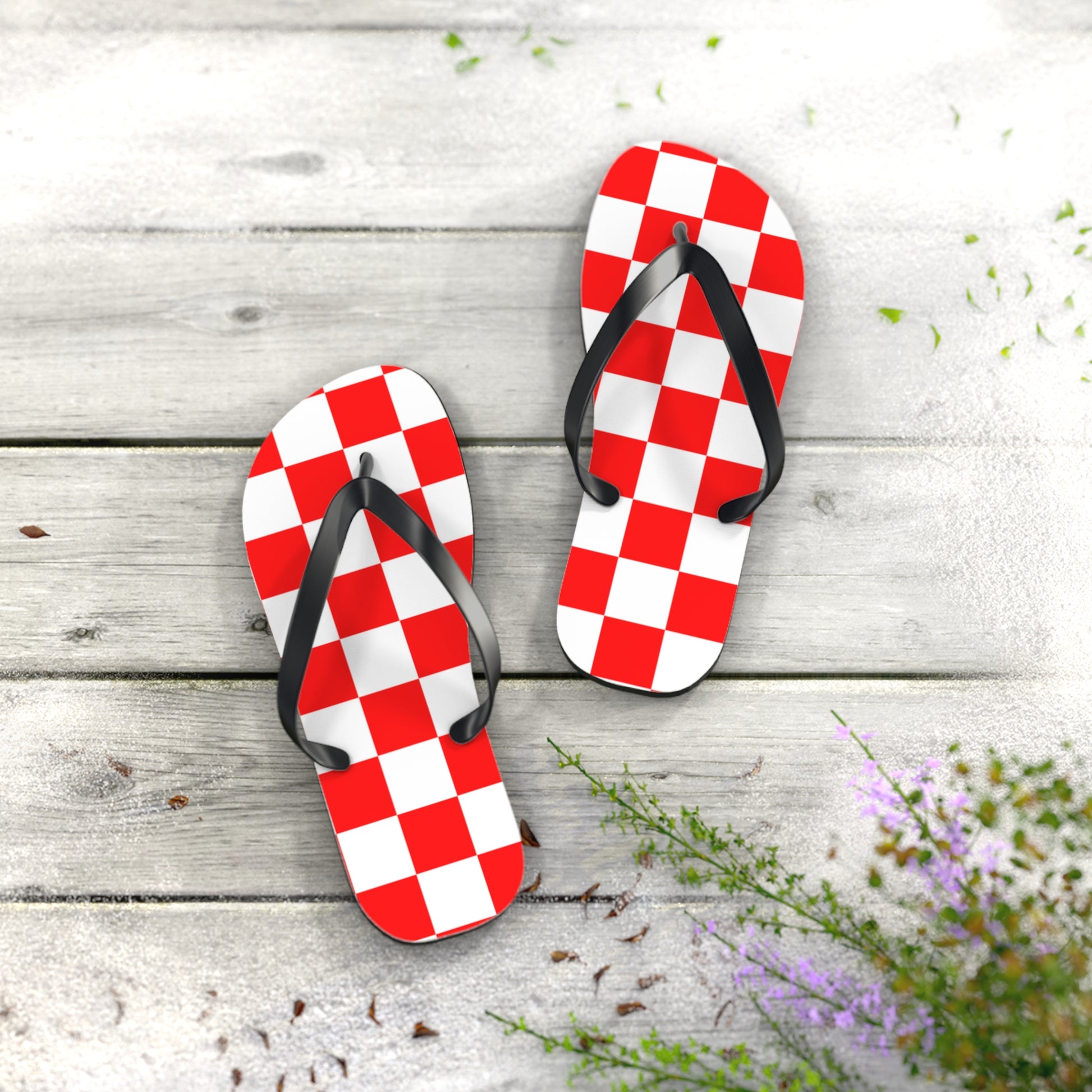 Checkerboard Red and White Flip Flops, Artsulli - Art is Long, Life is Short, Shoes, , , , , , , 