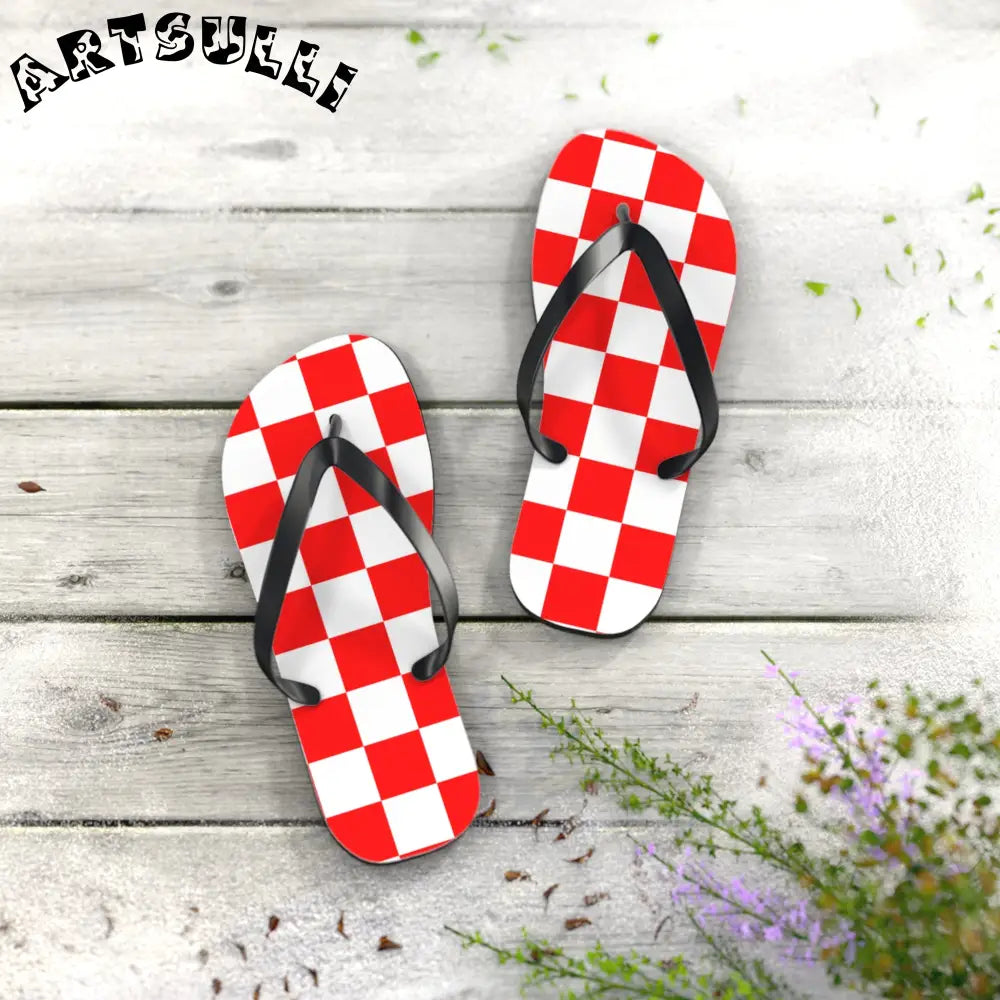 JAKKOUTTHEBXX Checkerboard Red and White Flip Flops JAKKOUTTHEBXX