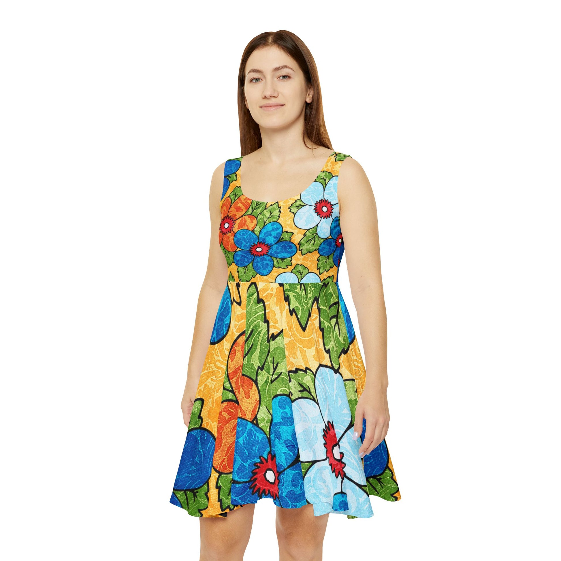 Groovy Yellow Floral Kl II Women's Skater Dress (AOP), Artsulli - Art is Long, Life is Short, All Over Prints, , , , , , , 