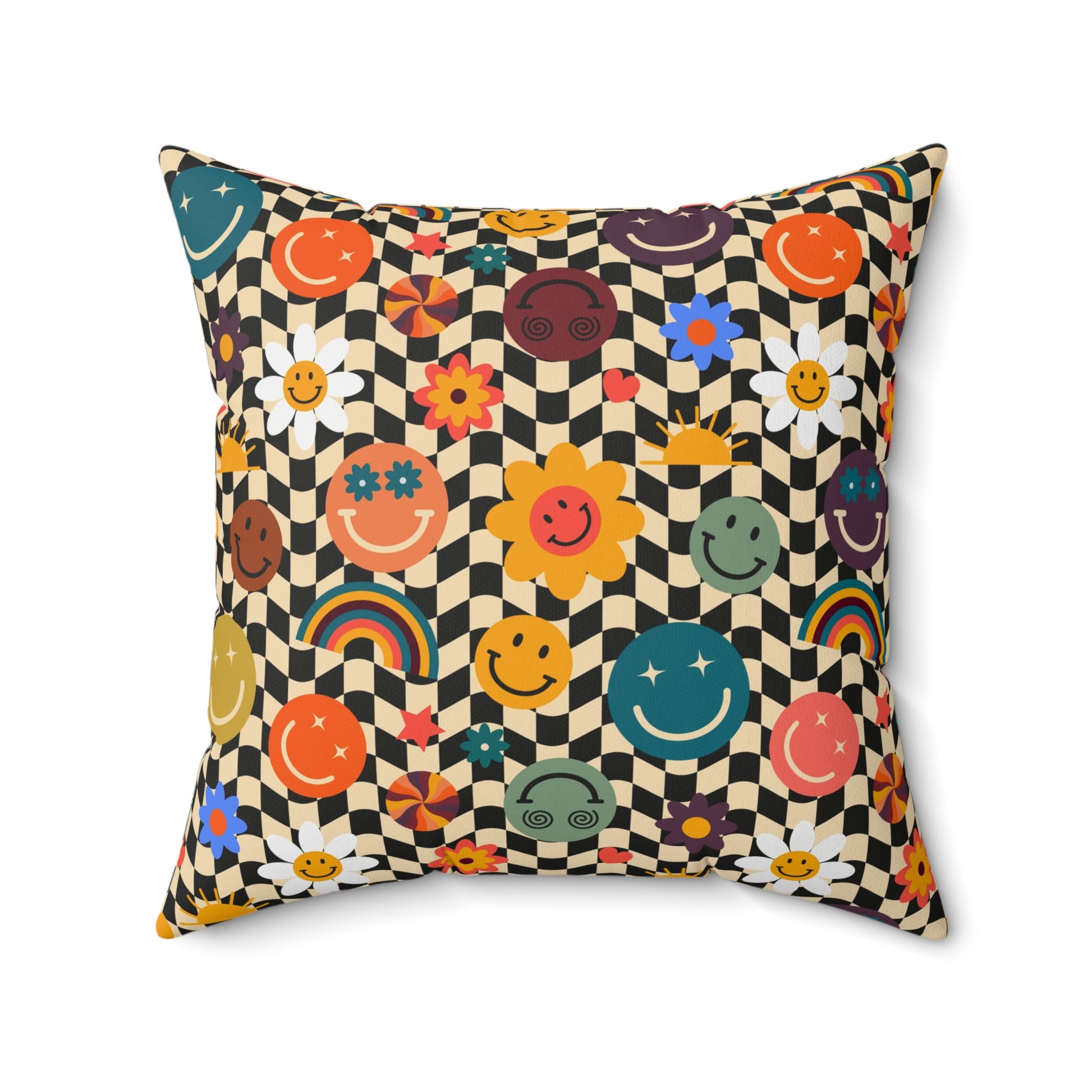 Trippy x Wavy Checkerboard x Smiley Face x Rainbow x Flowers Multi-Color Spun Polyester Square Pillow, Artsulli - Art is Long, Life is Short, Home Decor, , , , , , , 