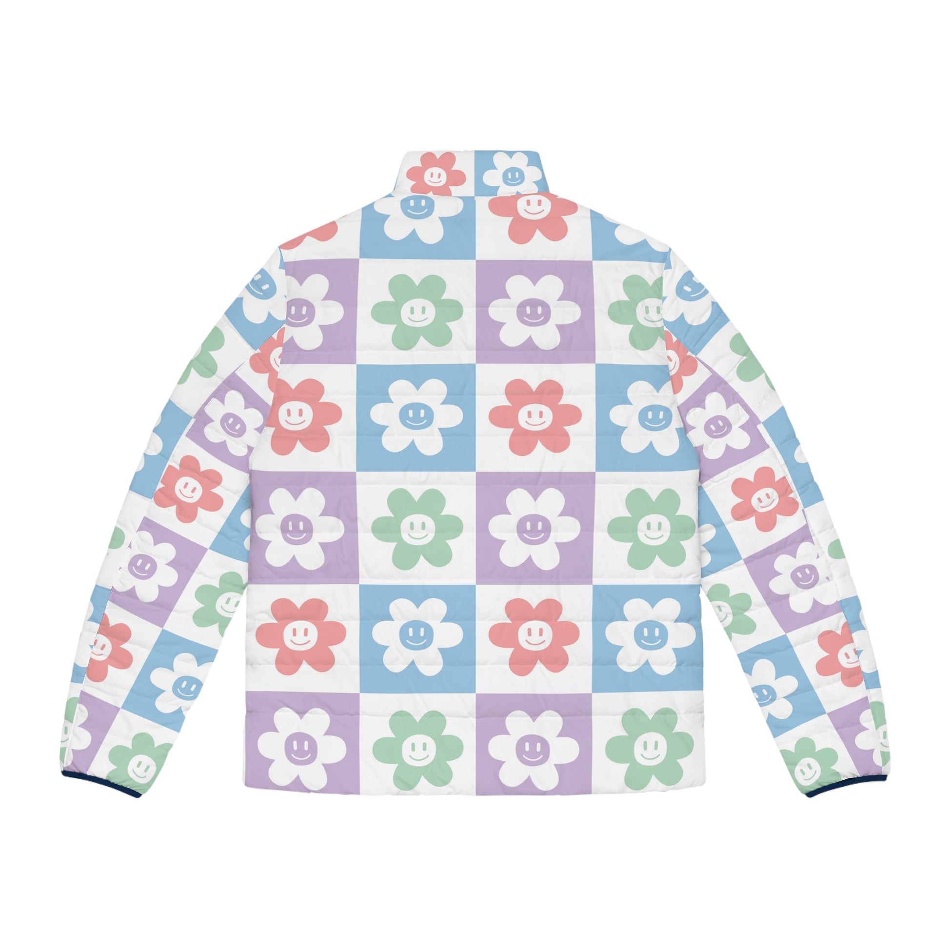 Chessboard x Smiley Face Flowers Multi-Color Men's Puffer Jacket (AOP), Artsulli - Art is Long, Life is Short, All Over Prints, , , , , , , 