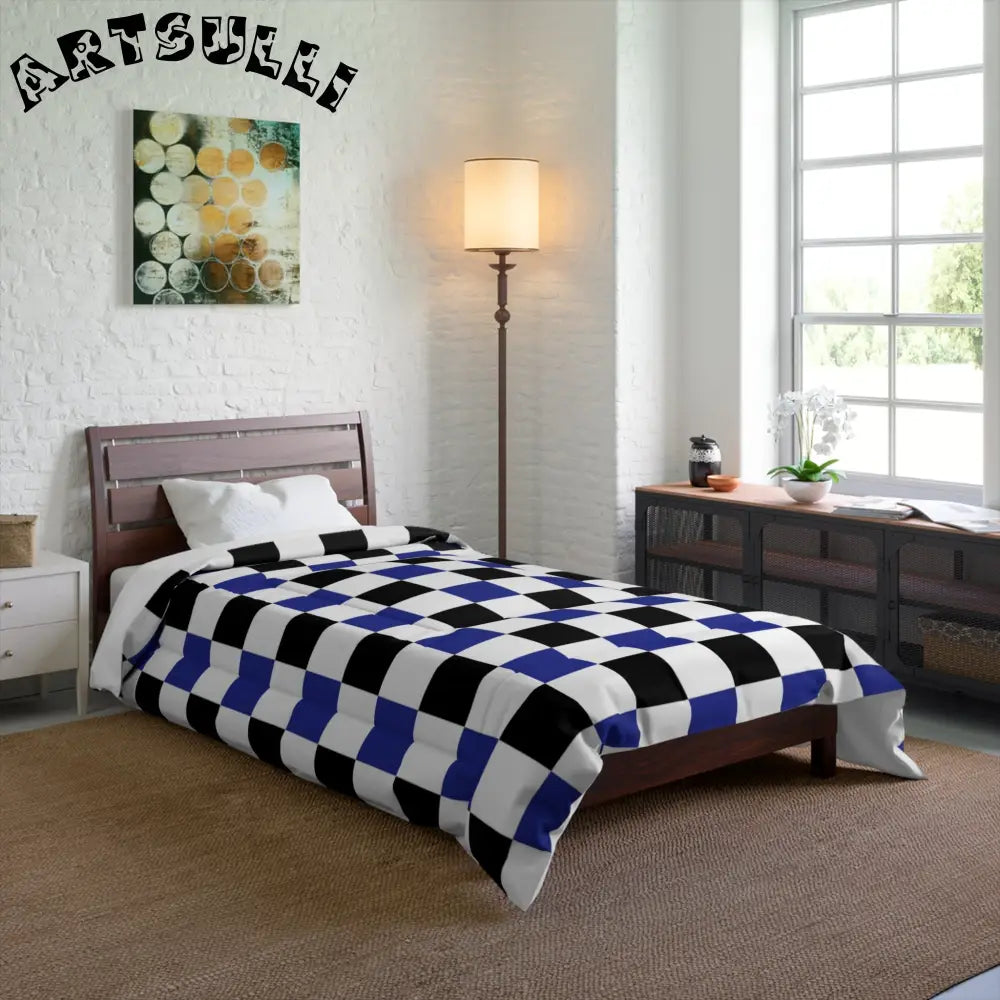 JAKKOUTTHEBXX Checkerboard Blue White and Black Comforter