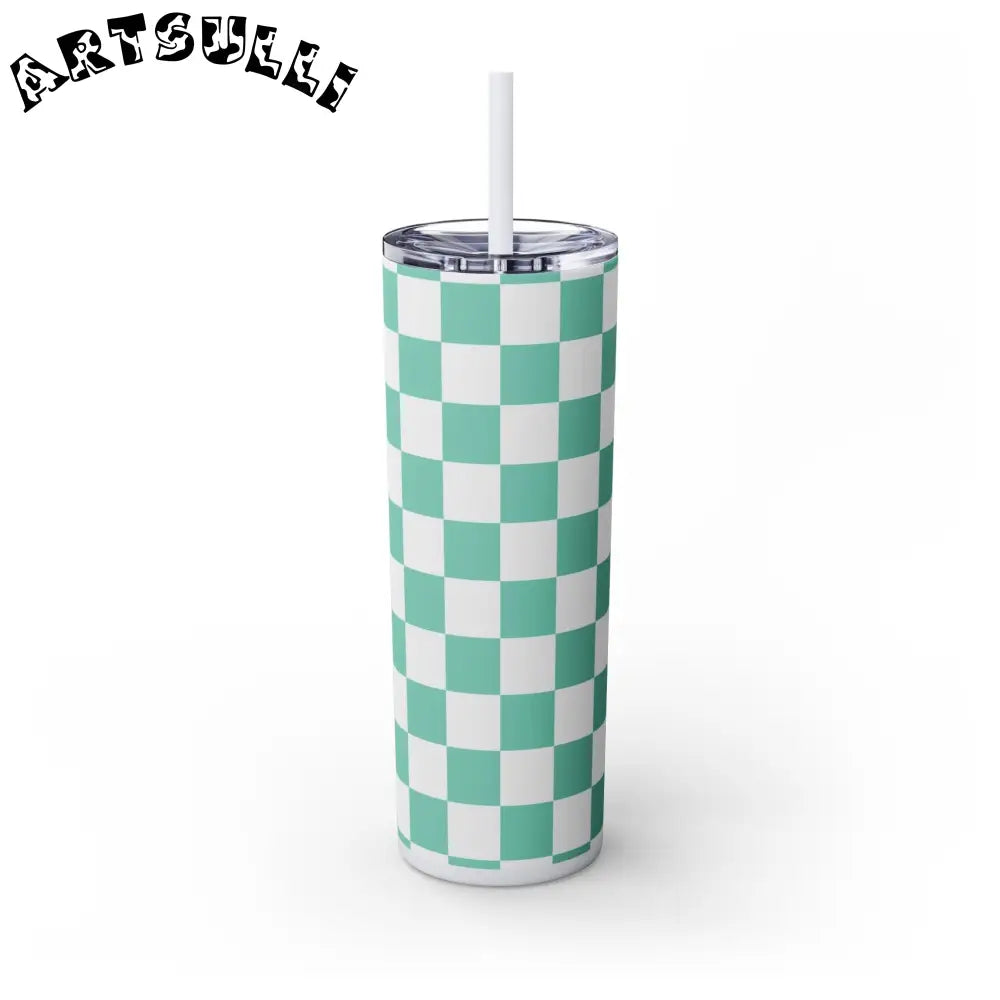 JAKKOUTTHEBXX Checkerboard Light Green Skinny Tumbler with Straw