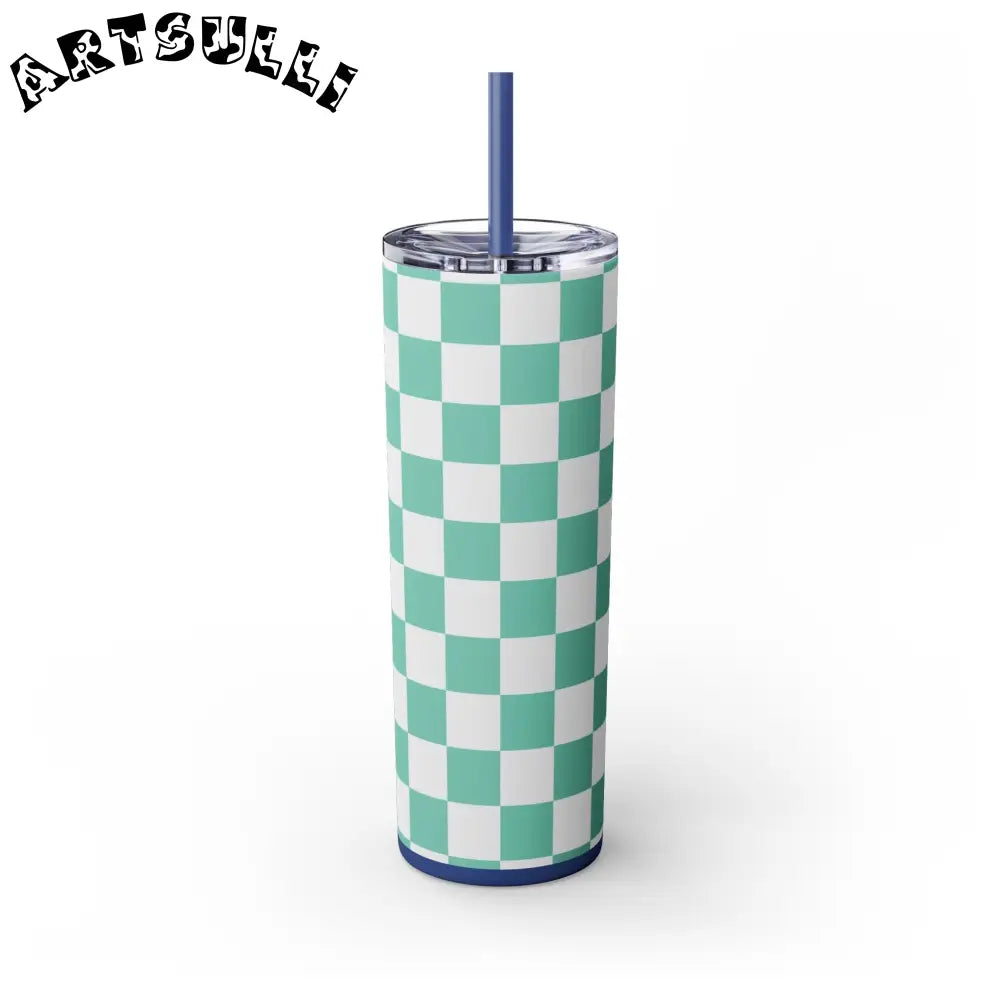 JAKKOUTTHEBXX Checkerboard Light Green Skinny Tumbler with Straw