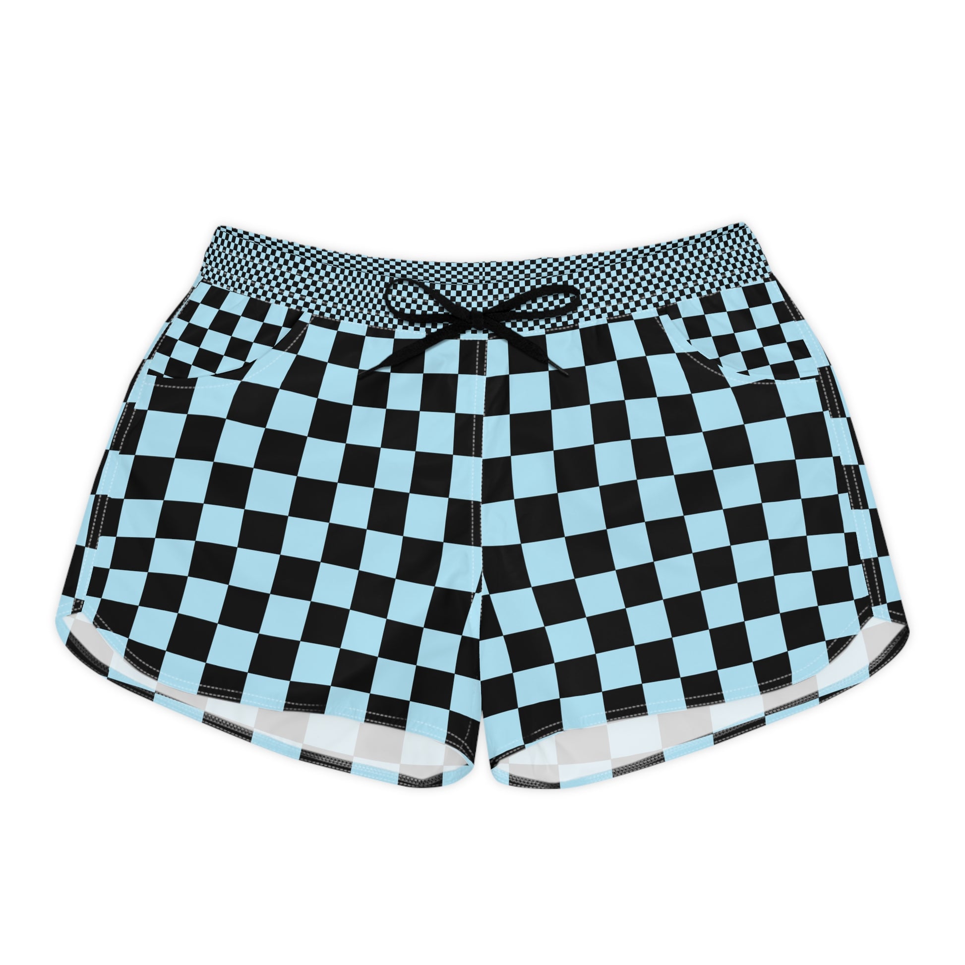 Checkerboard Black and Blue Women's Casual Shorts (AOP), Artsulli - Art is Long, Life is Short, All Over Prints, Size, S, Color, Black drawstring, , , 95196437125990093780