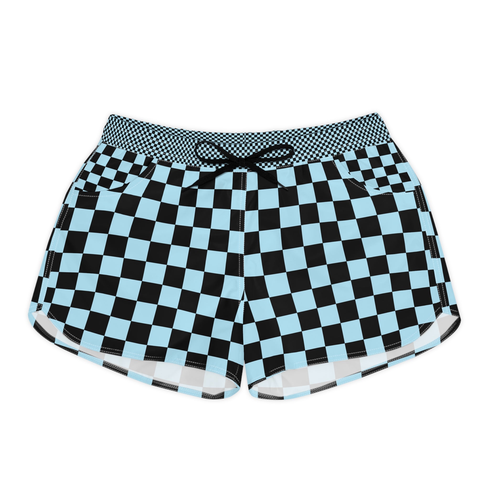 Checkerboard Black and Blue Women's Casual Shorts (AOP), Artsulli - Art is Long, Life is Short, All Over Prints, Size, S, Color, Black drawstring, , , 95196437125990093780