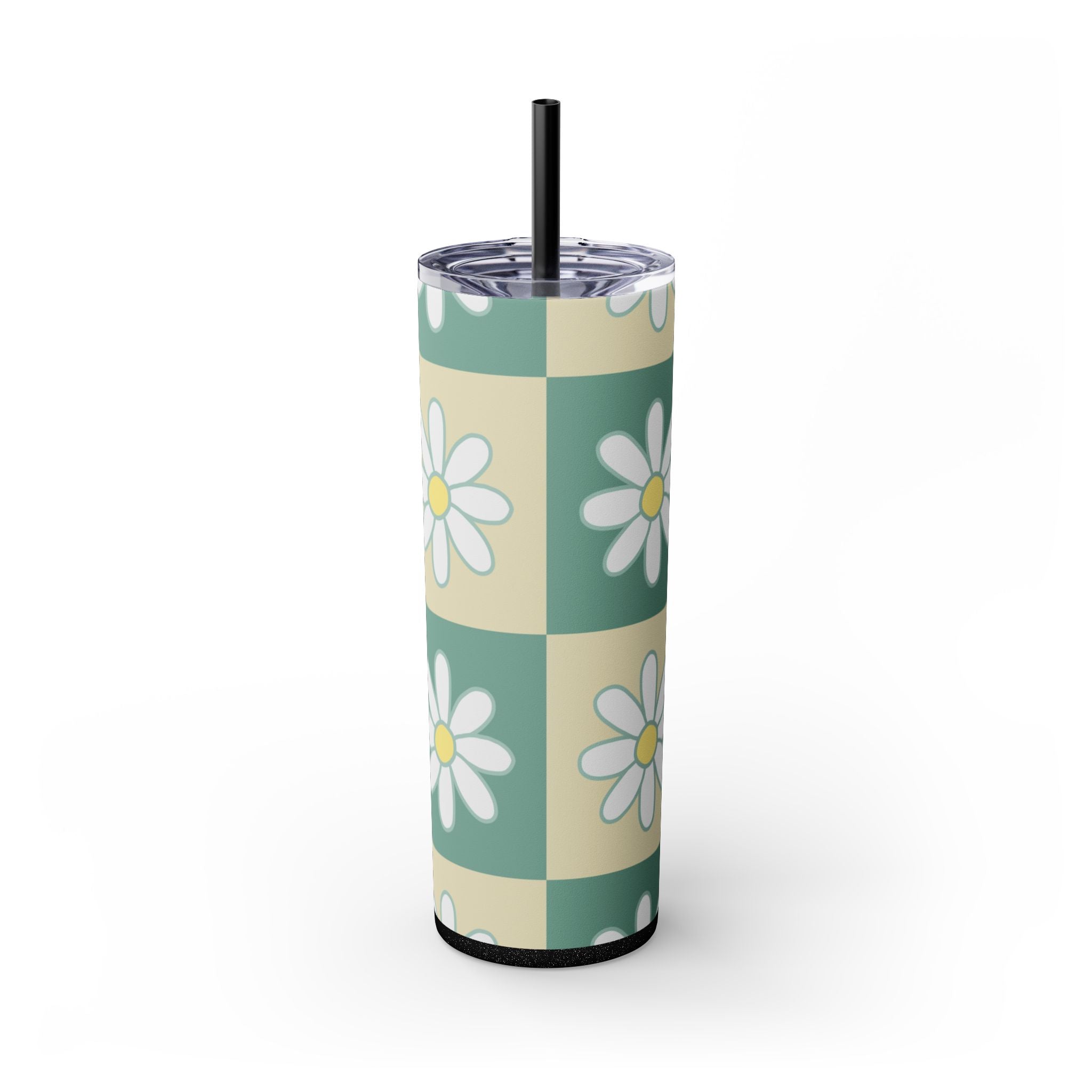 Retro Daisy Checkerboard Green and Tan Skinny Tumbler with Straw, 20oz, Artsulli - Art is Long, Life is Short, Mug, Finish, Glossy, Color, Glitter Black, Size, 20oz, 10004313250283079742