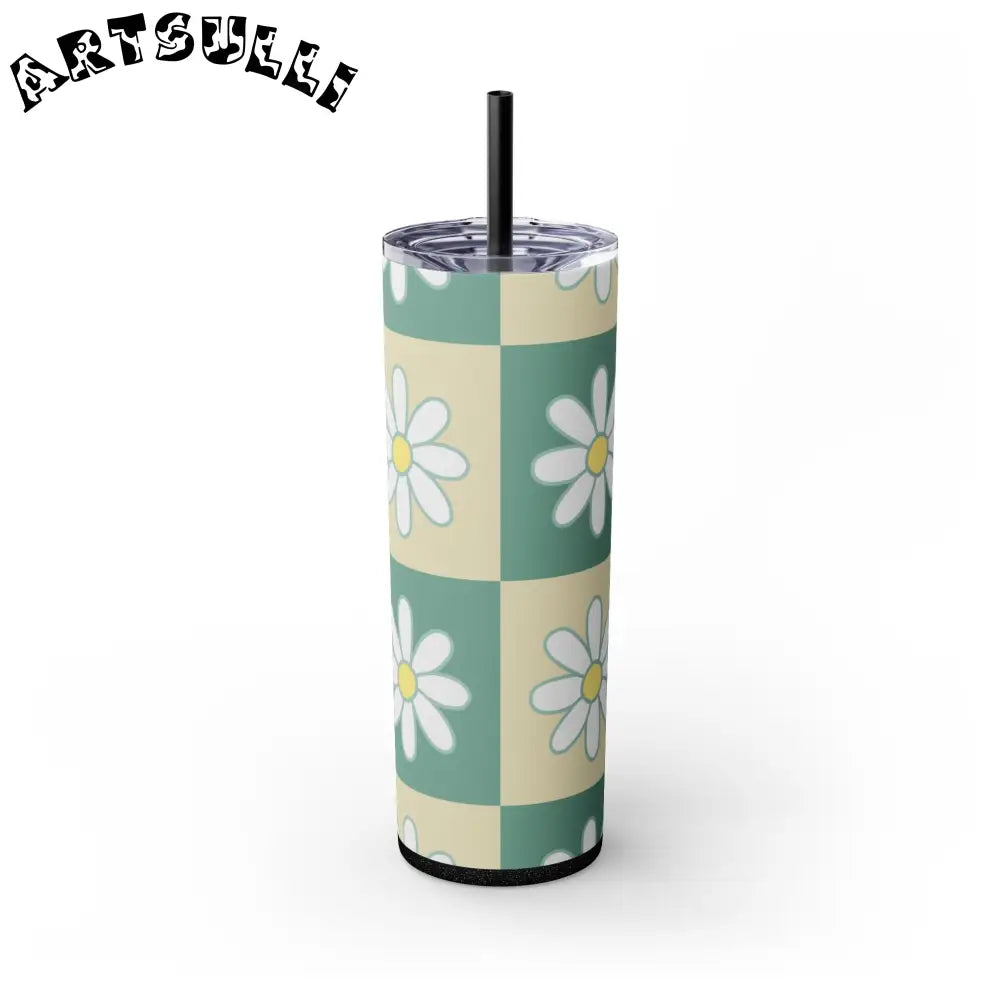 JAKKOUTTHEBXX Retro Daisy Checkerboard Green and Tan Skinny Tumbler