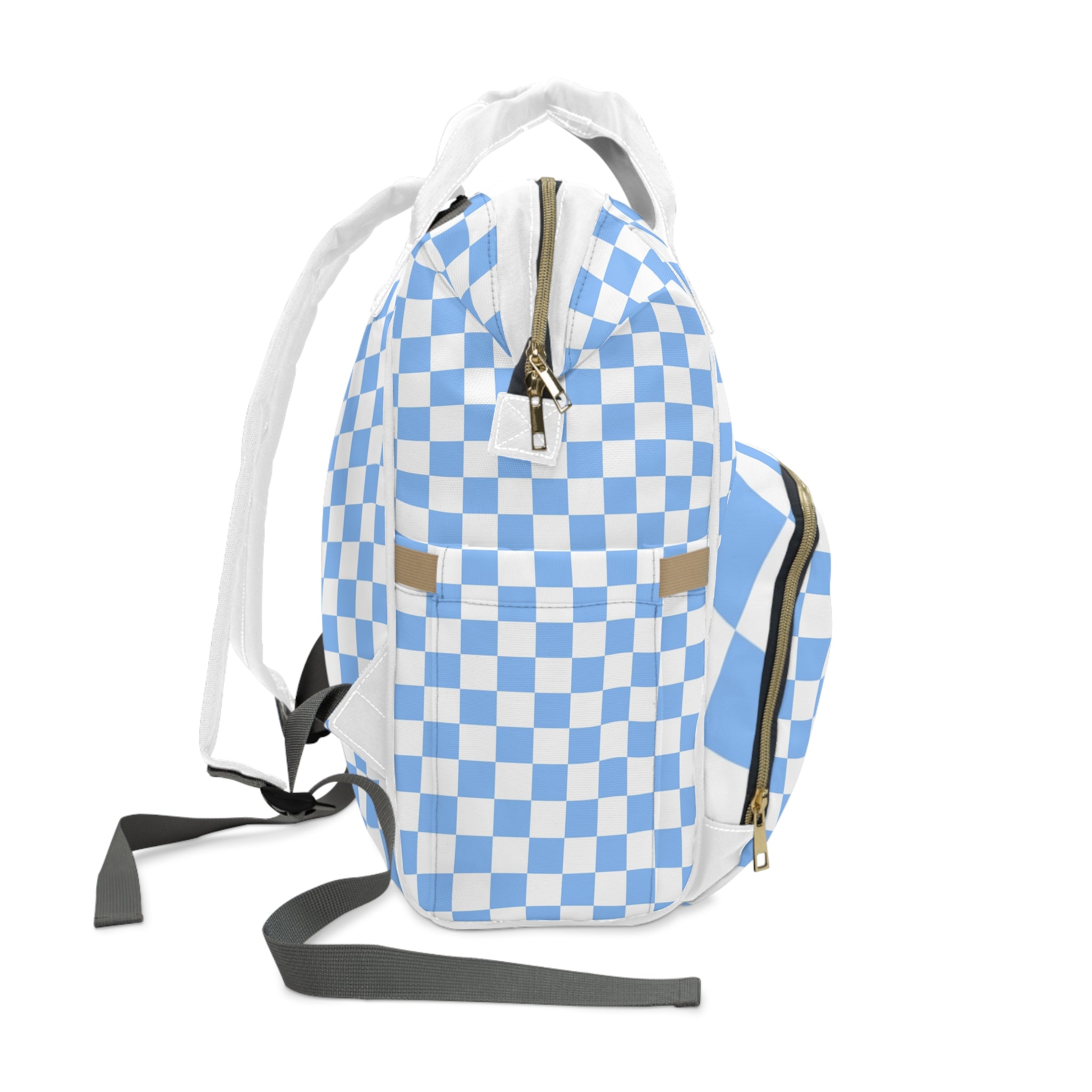 Checkerboard White and Light Blue Multifunctional Diaper Backpack, Artsulli - Art is Long, Life is Short, Bags, , , , , , , 