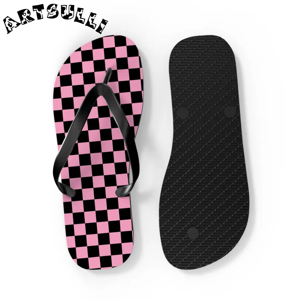 JAKKOUTTHEBXX Checkerboard Black and Pink Flip Flops JAKKOUTTHEBXX