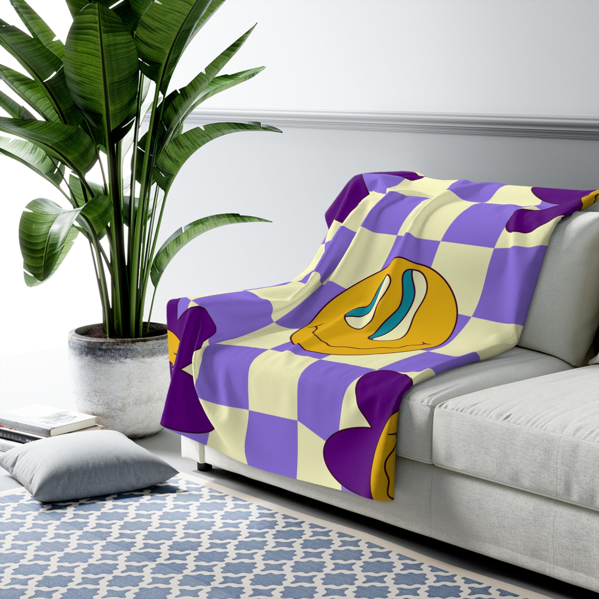 Trippy Flower Power Motifs Purple Sherpa Fleece Blanket, Artsulli - Art is Long, Life is Short, Home Decor, , , , , , , 