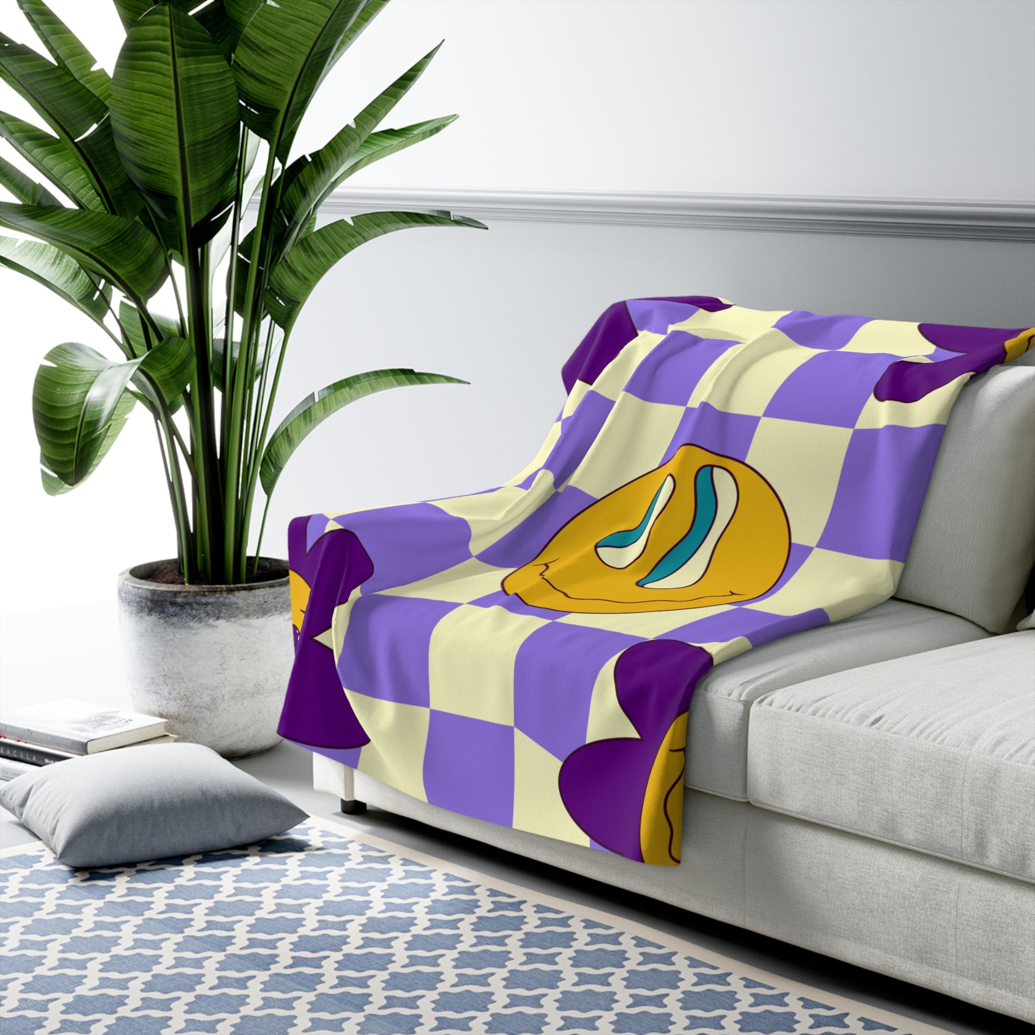 Trippy Flower Power Motifs Purple Sherpa Fleece Blanket, Artsulli - Art is Long, Life is Short, Home Decor, , , , , , , 