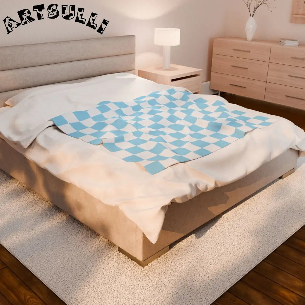 JAKKOUTTHEBXX Checkerboard Sky Blue Velveteen Plush Blanket