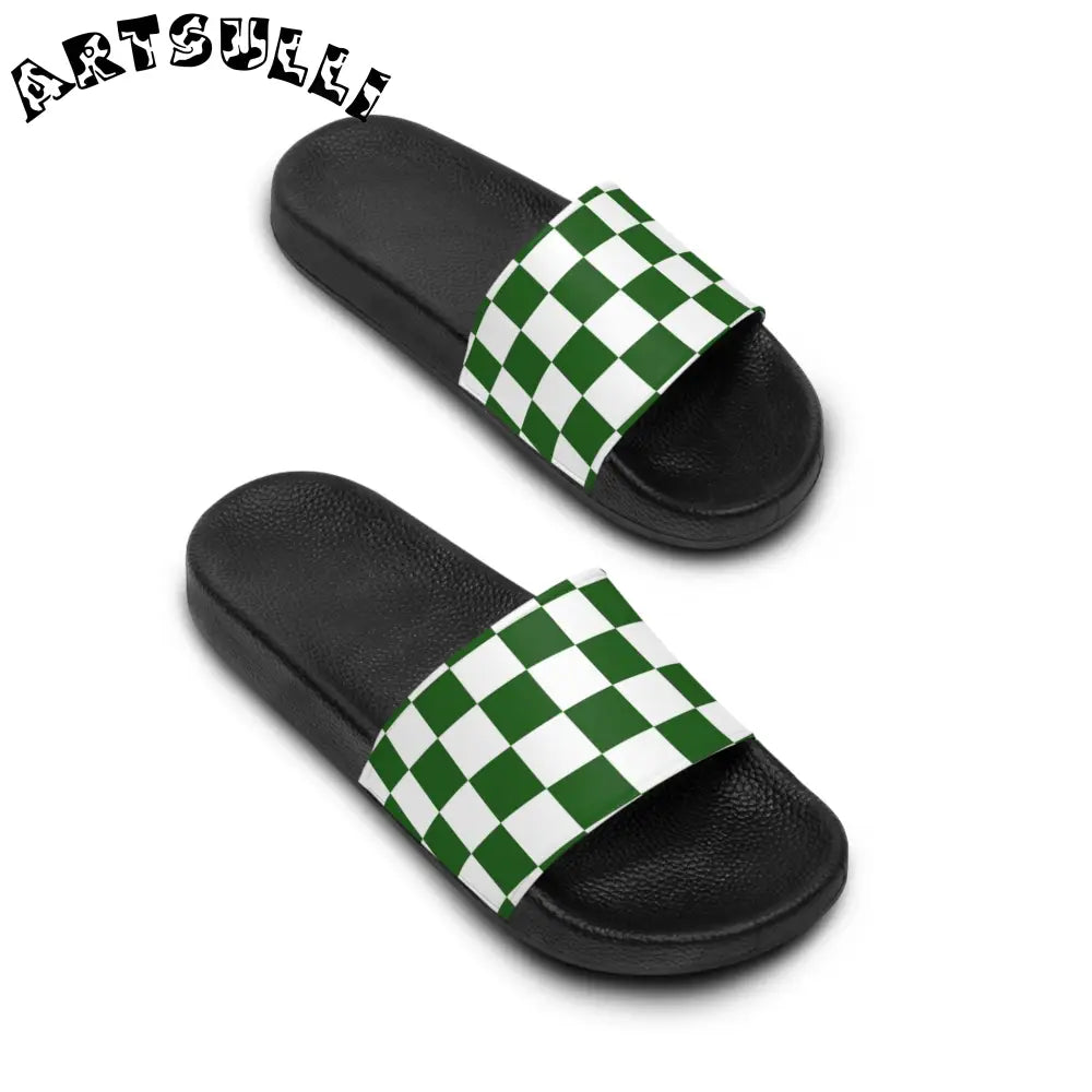 JAKKOUTTHEBXX Checkerboard White and Dark Green Men’s Slide Sandals