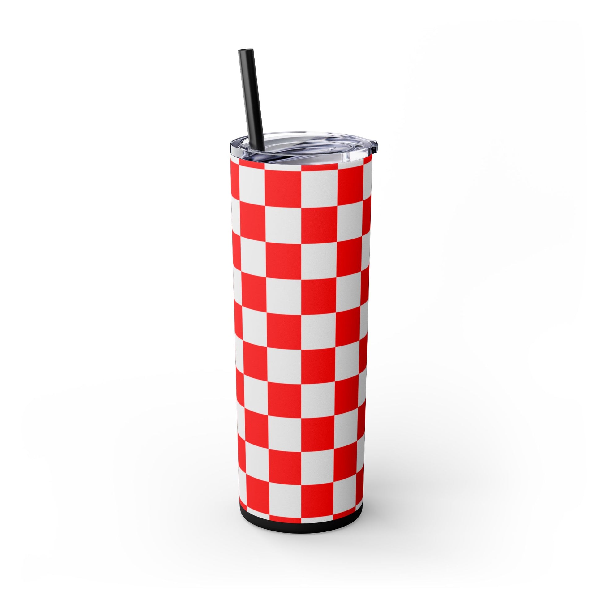 Checkerboard Red and White Skinny Tumbler with Straw, 20oz, Artsulli - Art is Long, Life is Short, Mug, , , , , , , 
