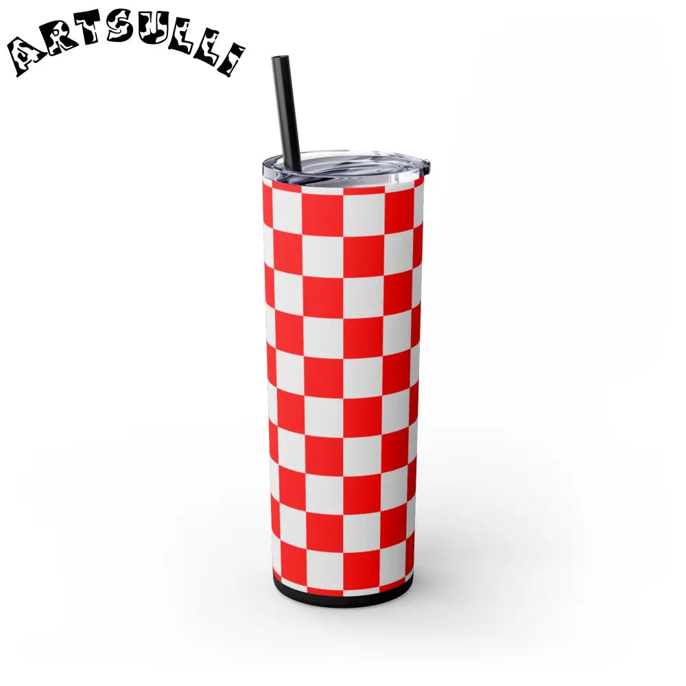 JAKKOUTTHEBXX Checkerboard Red and White Skinny Tumbler with Straw