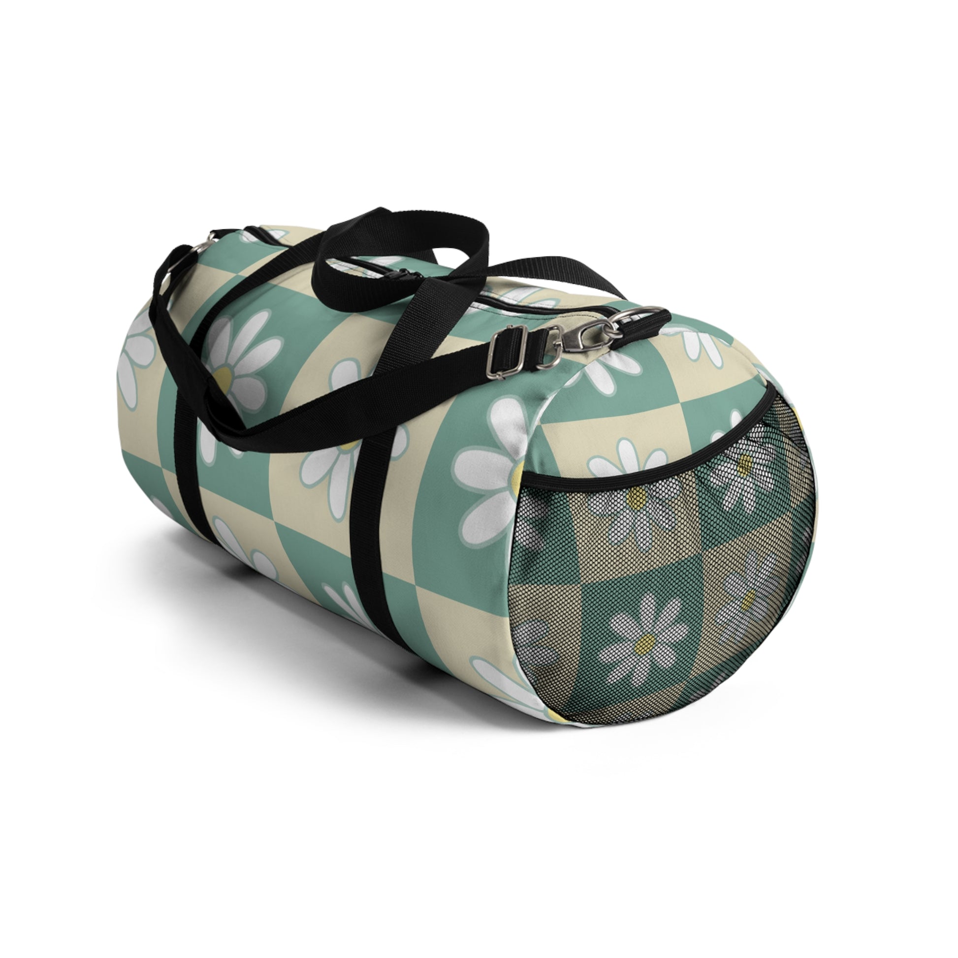 Retro Daisy Checkerboard Green and Tan Duffel Bag, Artsulli - Art is Long, Life is Short, Bags, , , , , , , 