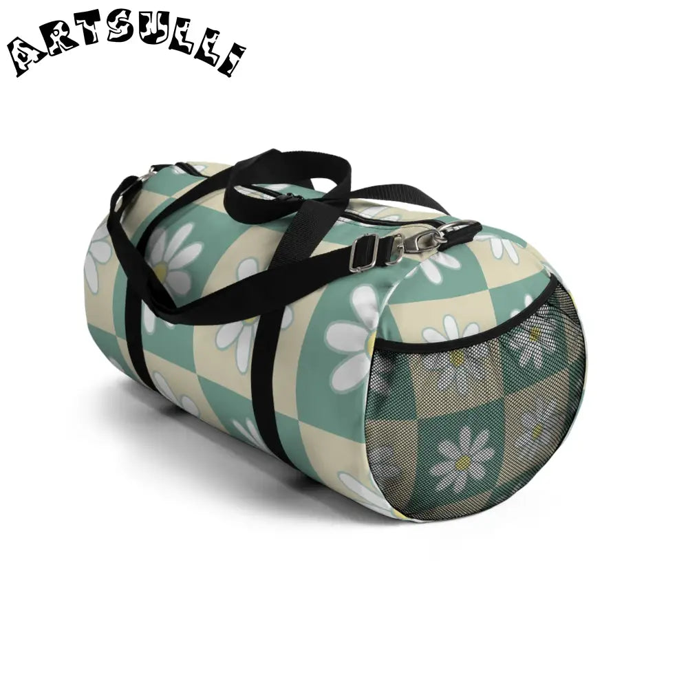 JAKKOUTTHEBXX Retro Daisy Checkerboard Green and Tan Duffel Bag