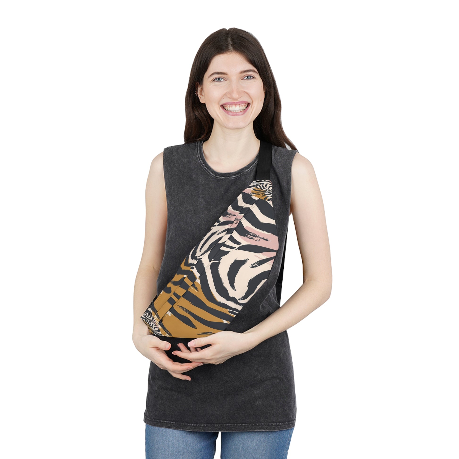 Beige Zebra Jungle Flats Large Fanny Pack, Artsulli - Art is Long, Life is Short, Bags, , , , , , , 