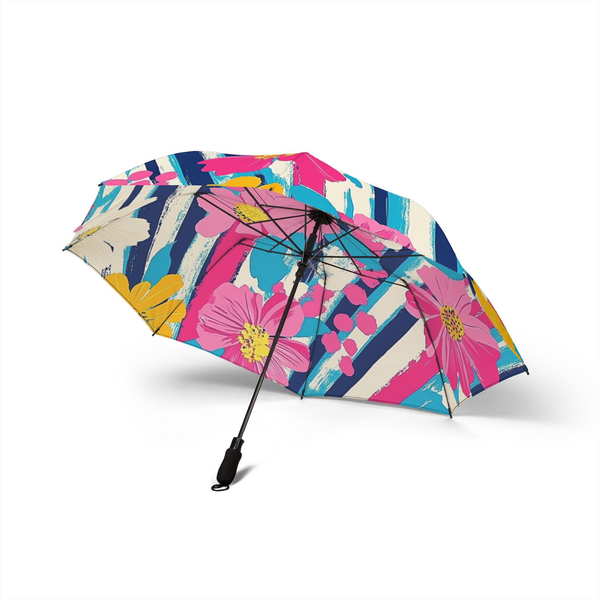 Dayglo Floral Stripes Multi-Color Semi-Automatic Foldable Umbrella, Artsulli - Art is Long, Life is Short, Accessories, , , , , , , 