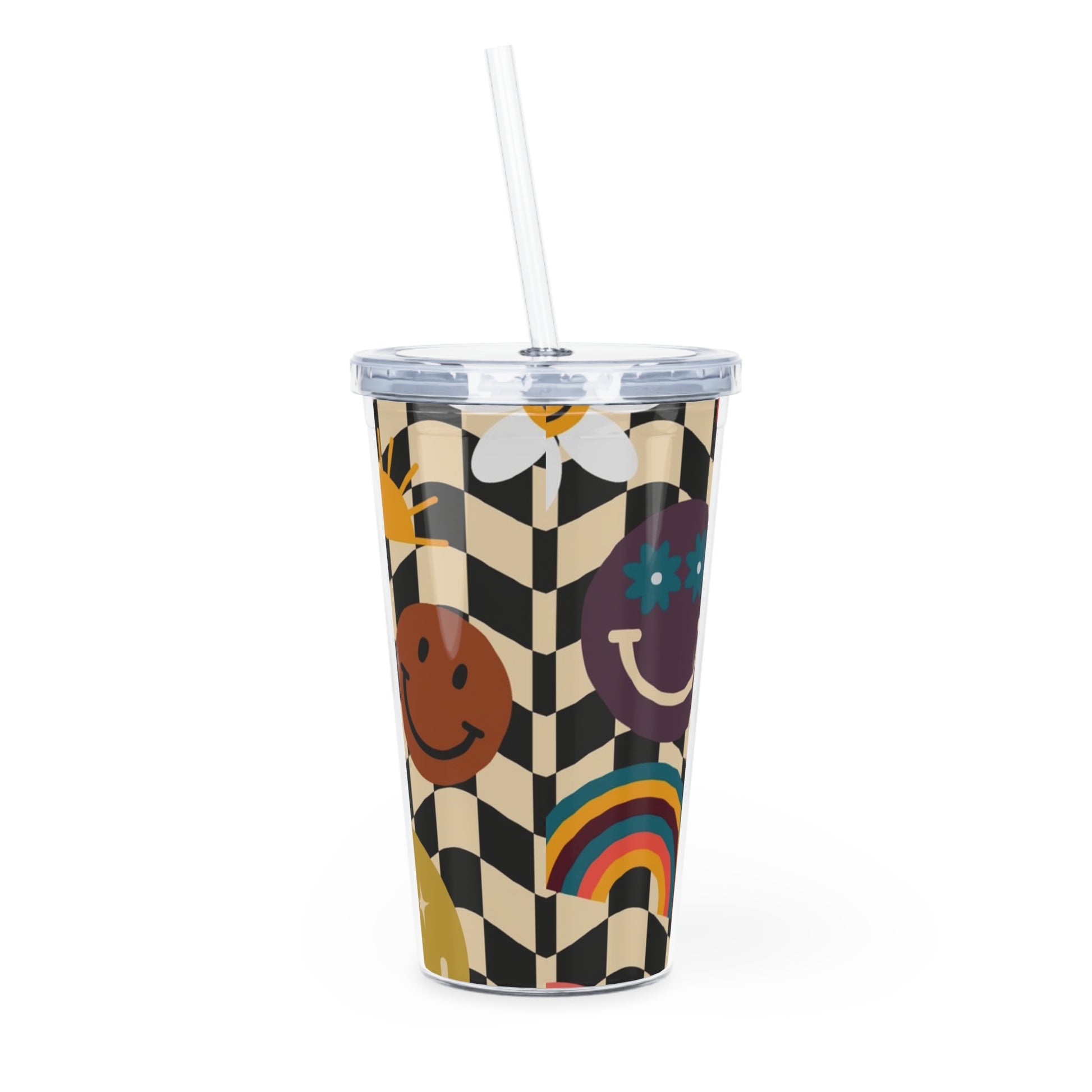 Trippy x Wavy Checkerboard x Smiley Face x Rainbow x Flowers Multi-Color Plastic Tumbler with Straw, Artsulli - Art is Long, Life is Short, Mug, , , , , , , 