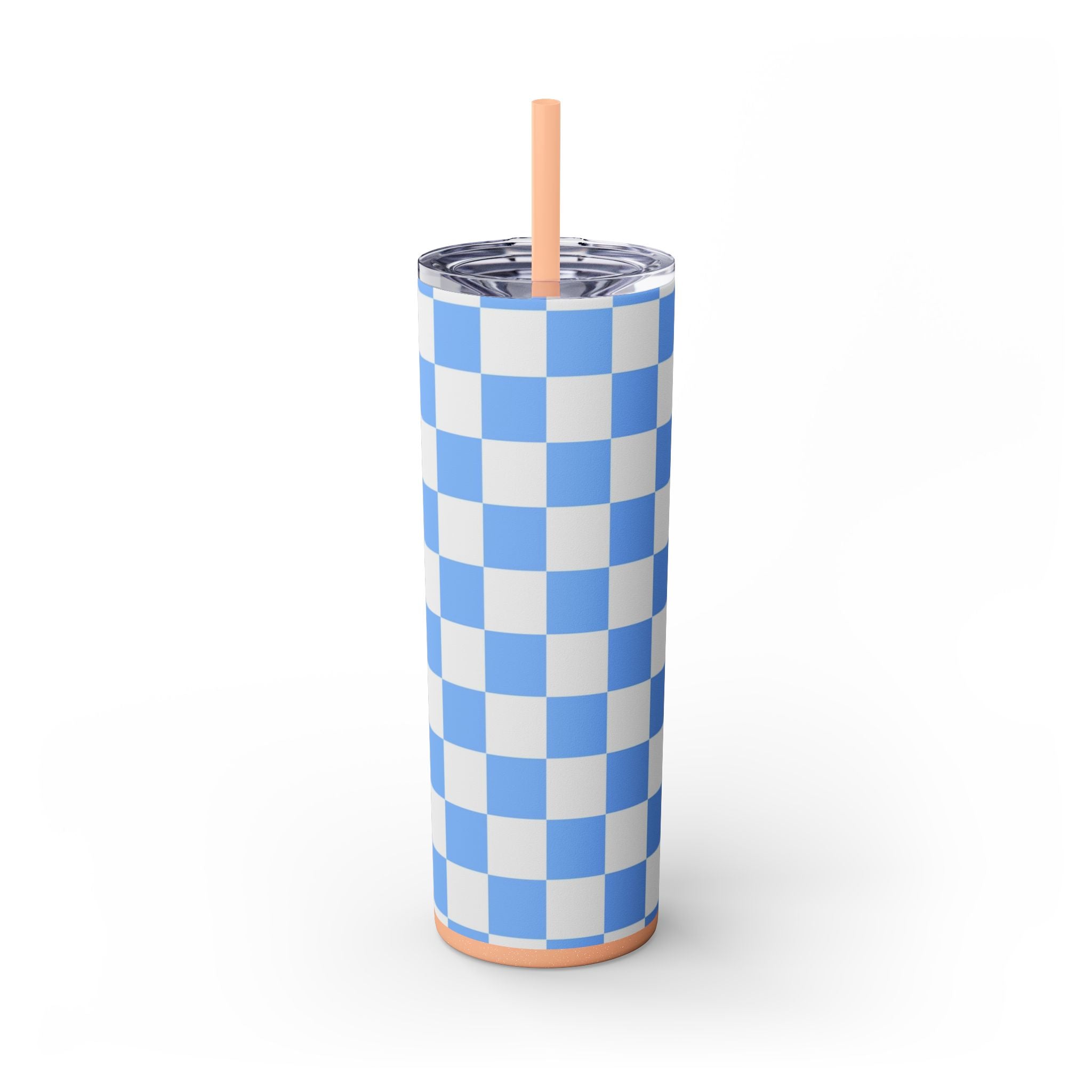 Checkerboard White and Light Blue Skinny Tumbler with Straw, 20oz, Artsulli - Art is Long, Life is Short, Mug, , , , , , , 