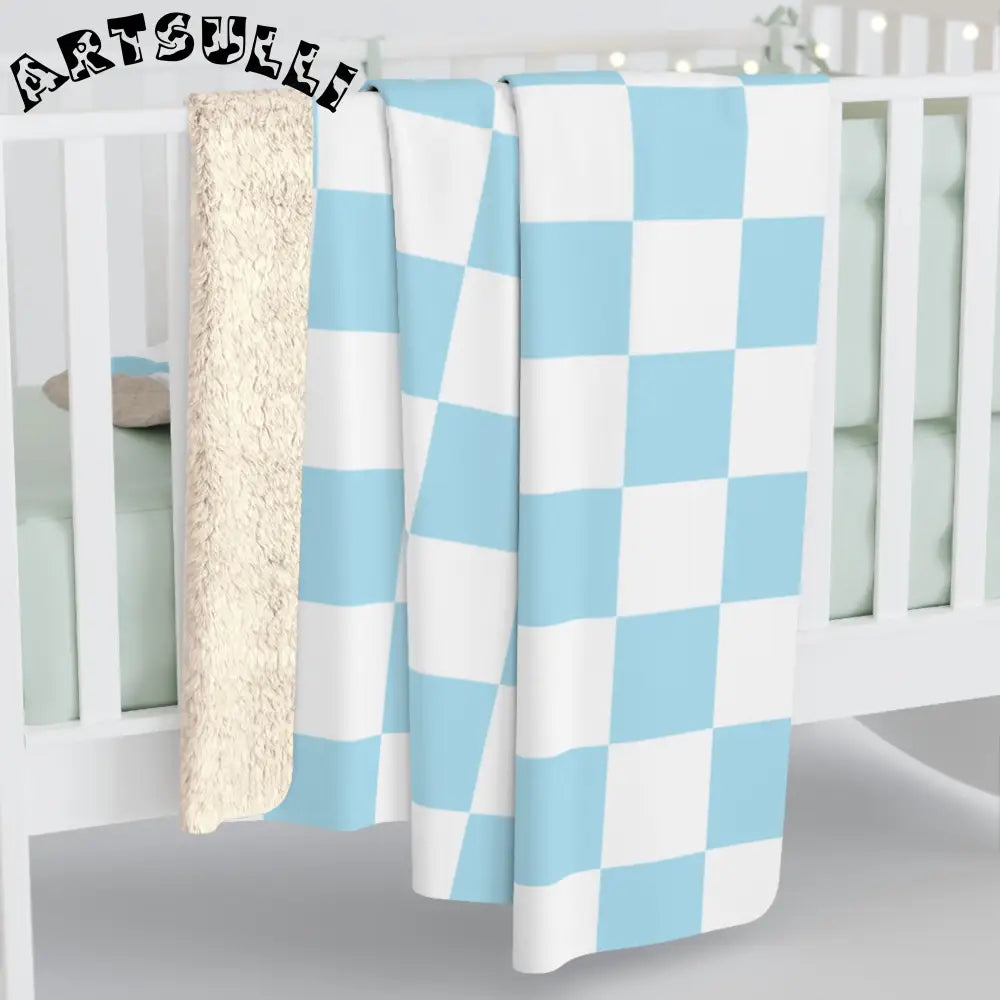 JAKKOUTTHEBXX Checkerboard Sky Blue Sherpa Fleece Blanket