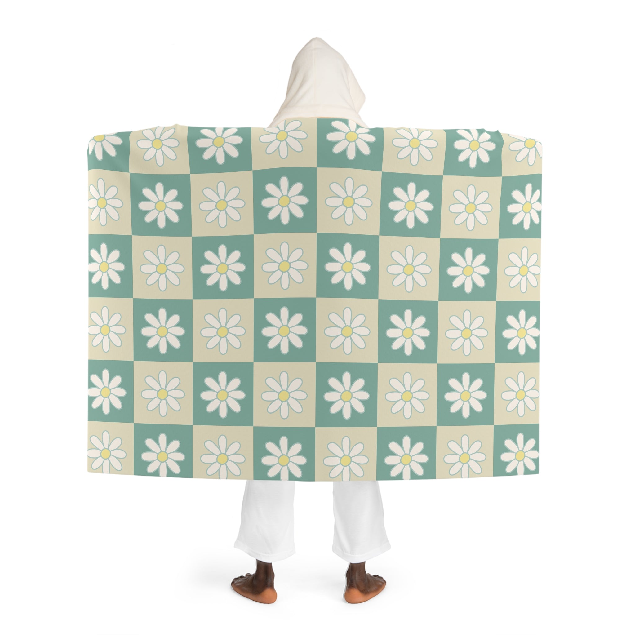 Retro Daisy Checkerboard Green and Tan Hooded Sherpa Fleece Blanket, Artsulli - Art is Long, Life is Short, All Over Prints, , , , , , , 