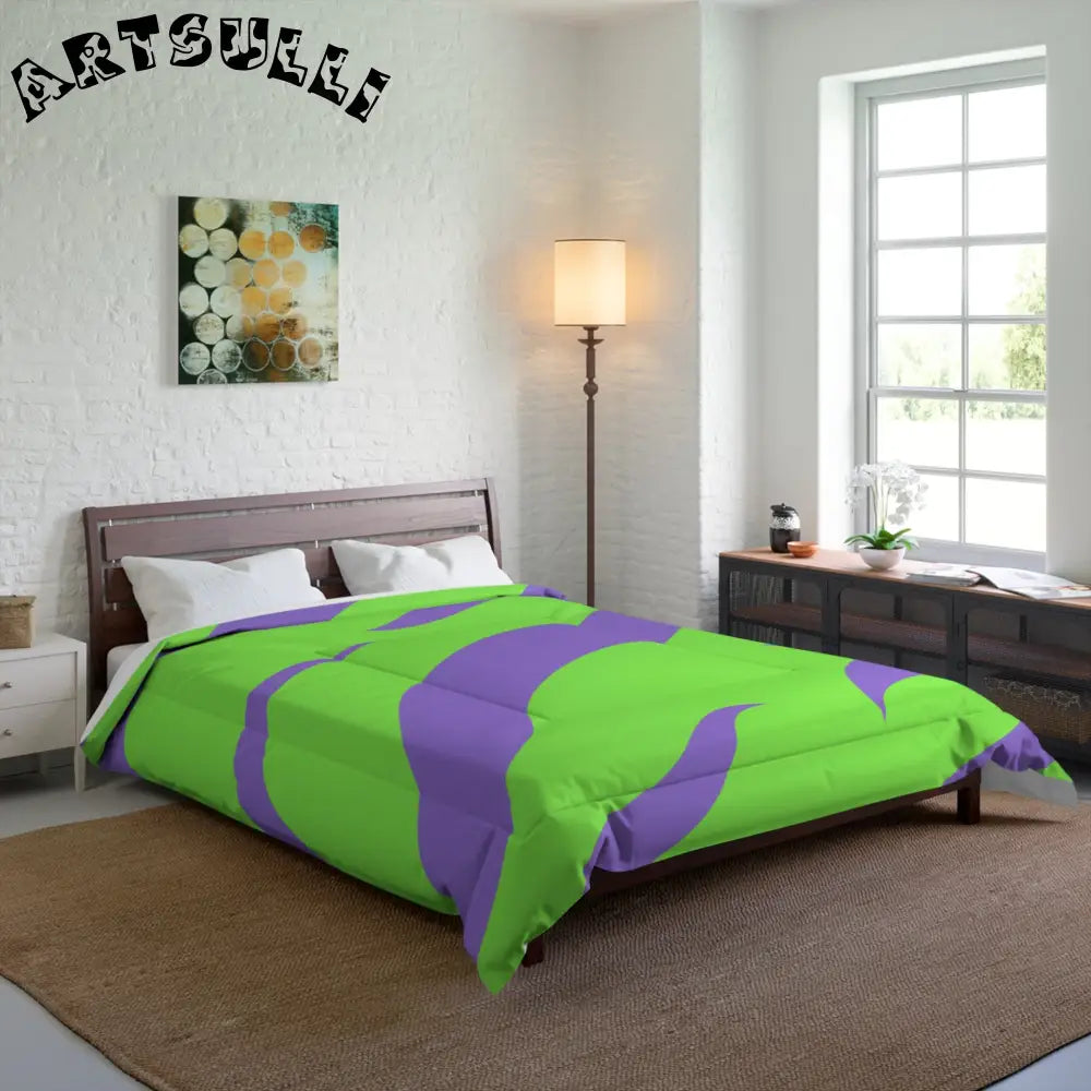 JAKKOUTTHEBXX Tyrannosaurus Print Green and Purple Comforter