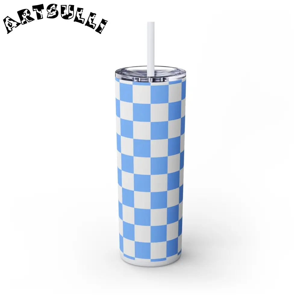 JAKKOUTTHEBXX Checkerboard White and Light Blue Skinny Tumbler