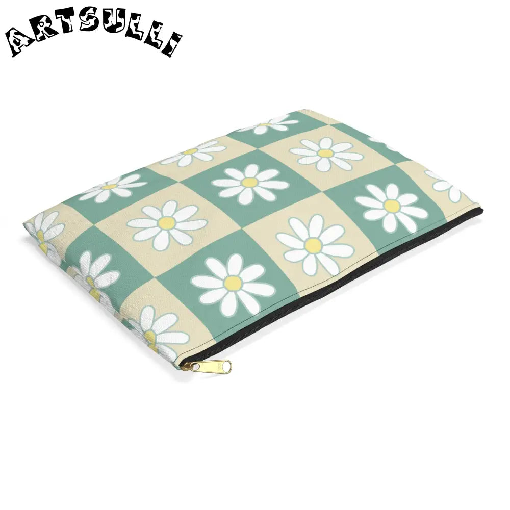 JAKKOUTTHEBXX Retro Daisy Checkerboard Green and Tan Accessory Pouch
