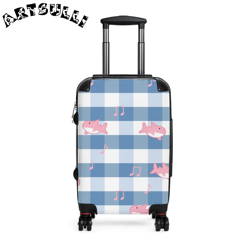 JAKKOUTTHEBXX Checkered Traveling Suitcase with Pink Sharks and Music Notes 2025