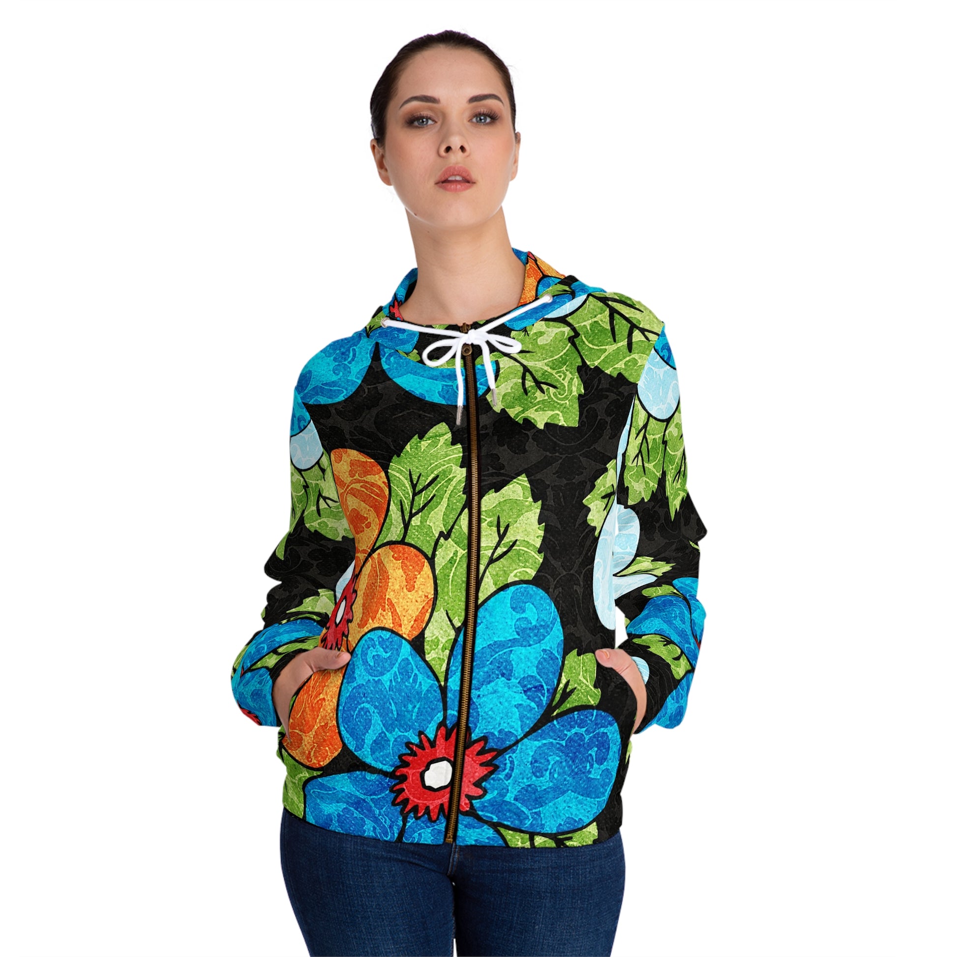 Groovy Black Floral Kl Women’s Full-Zip Hoodie (AOP), Artsulli - Art is Long, Life is Short, All Over Prints, , , , , , , 