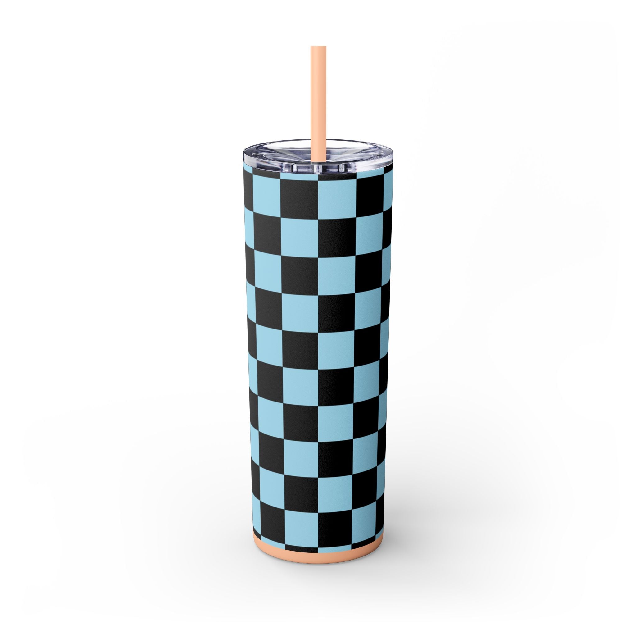 Checkerboard Black and Blue Skinny Tumbler with Straw, 20oz, Artsulli - Art is Long, Life is Short, Mug, , , , , , , 