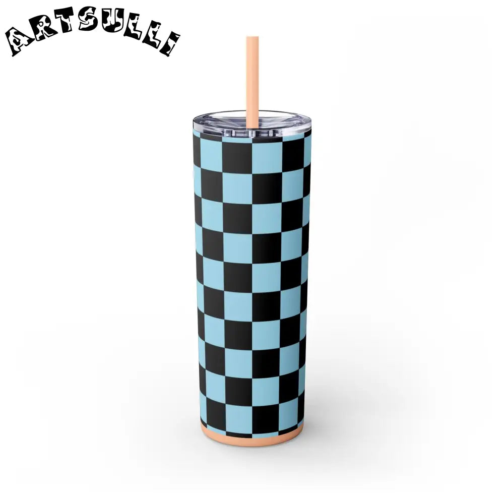 JAKKOUTTHEBXX Checkerboard Black and Blue Skinny Tumbler with Straw