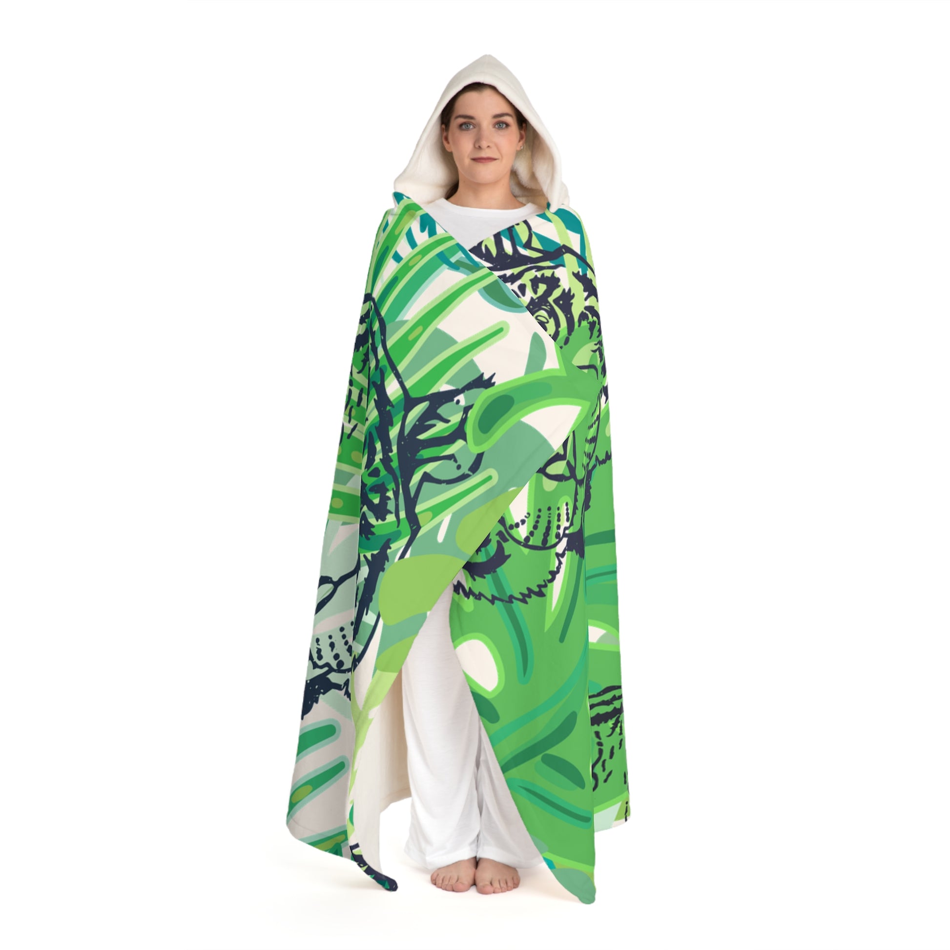 Tropical Jungle Tigers Green Hooded Sherpa Fleece Blanket, Artsulli - Art is Long, Life is Short, All Over Prints, , , , , , , 
