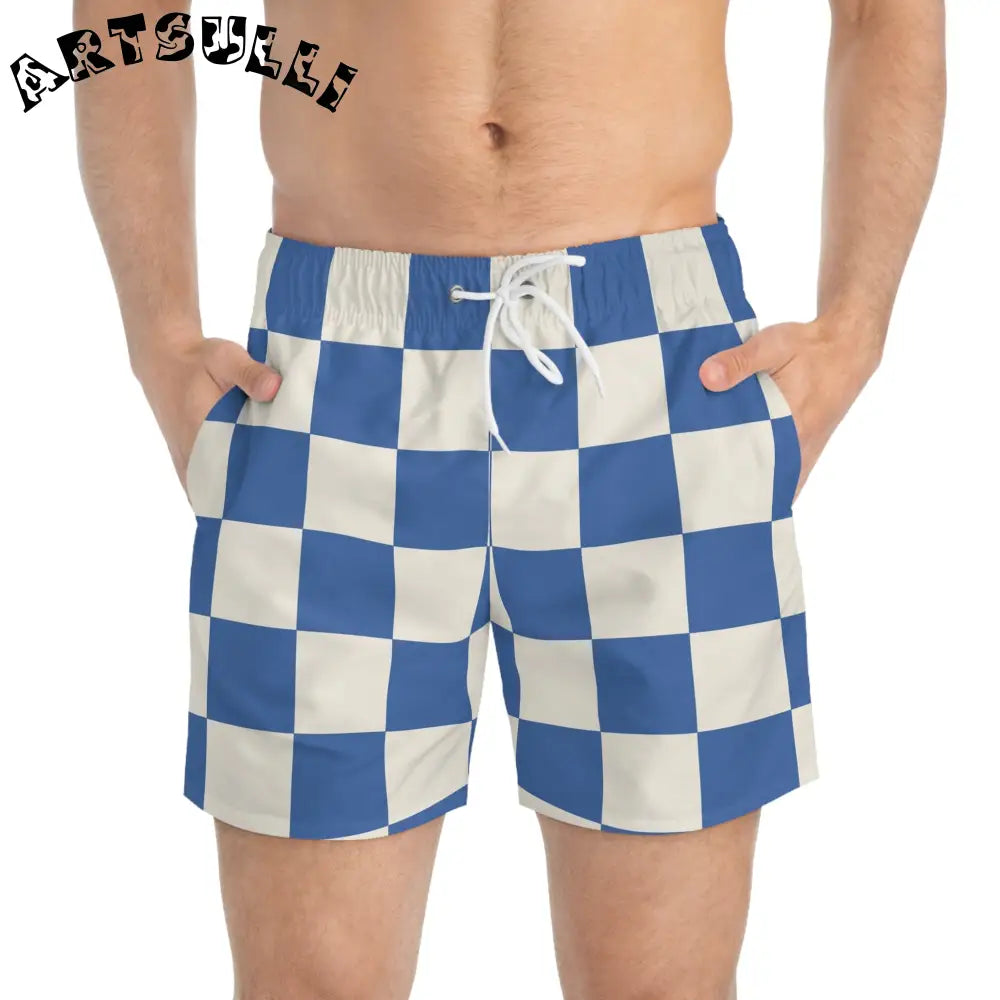 JAKKOUTTHEBXX Checkerboard Blue Swim Trunks (AOP) JAKKOUTTHEBXX