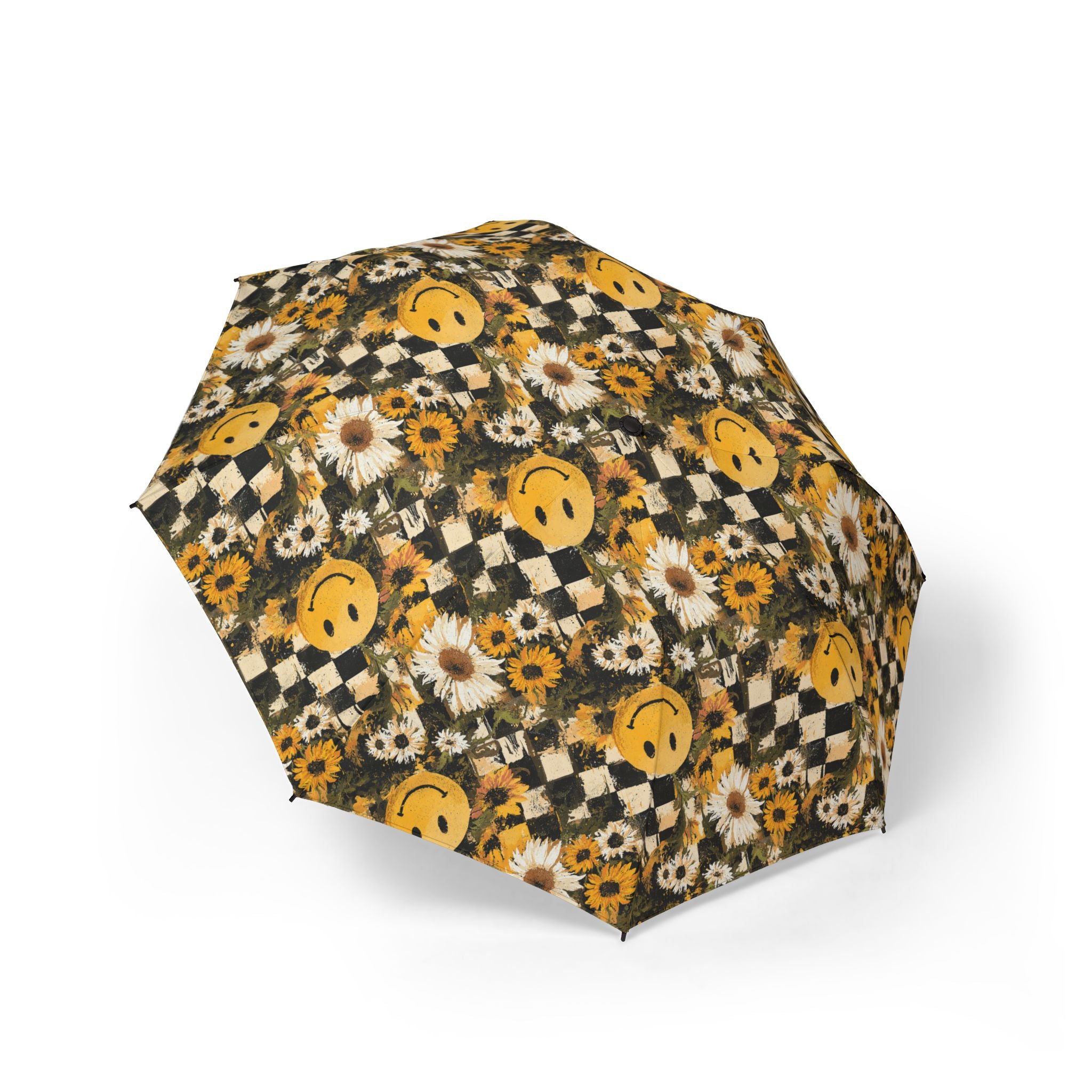 Smiley Face x Checkerboard x Sunflowers x Trippy x Vintage Black and Yellow Semi-Automatic Foldable Umbrella, Artsulli - Art is Long, Life is Short, Accessories, Size, One size, , , , , 15319124080827134333