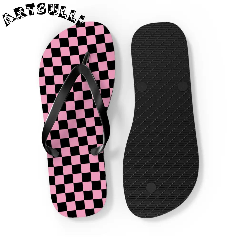 JAKKOUTTHEBXX Checkerboard Black and Pink Flip Flops JAKKOUTTHEBXX